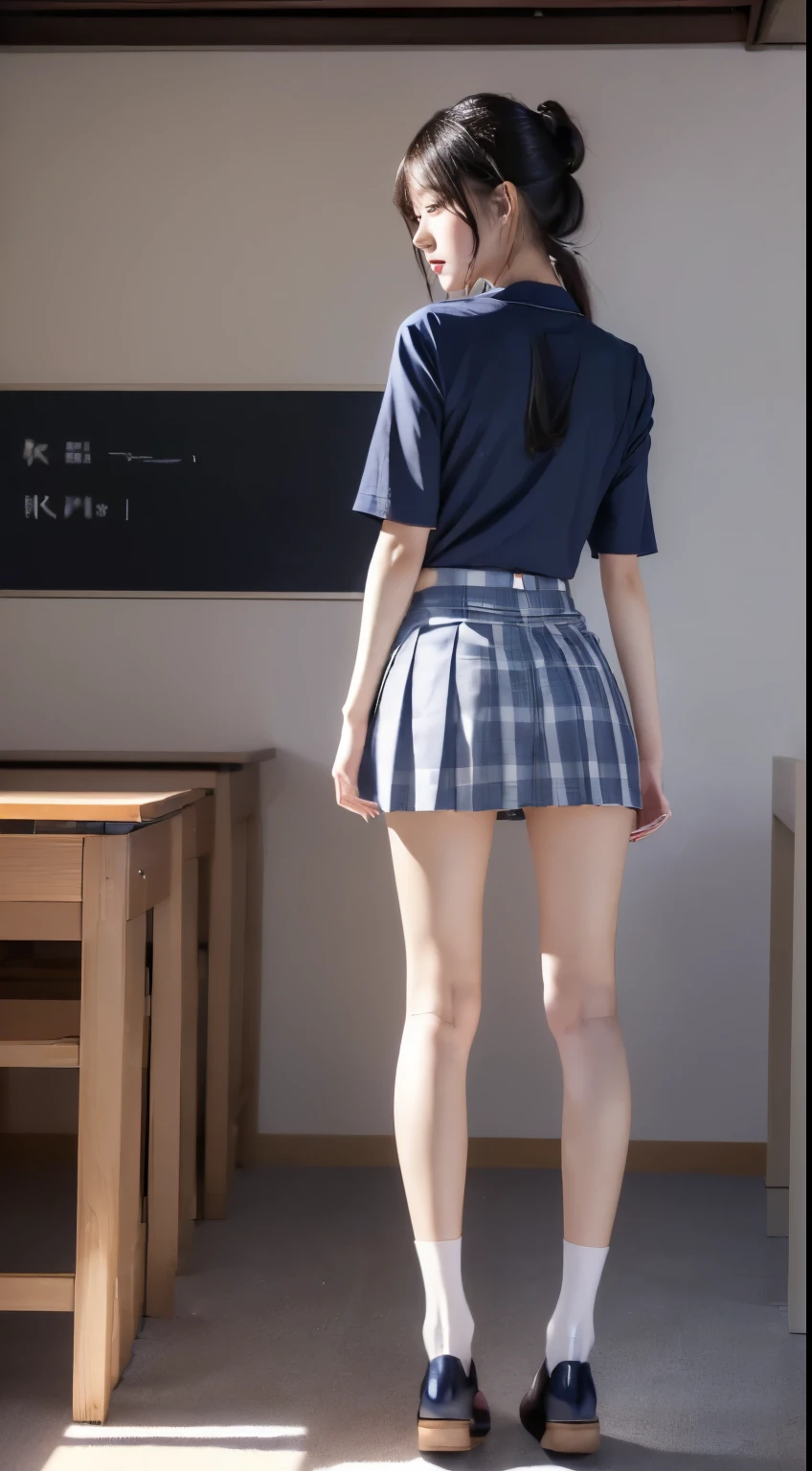 ((masterpiece)),(((最high quality))),((膝の高さからFull body shotする:1.8)),((((((脚を揃えてPlease stand up straight:1.9)))))),((Thin thighs)),((Long legs:1.5)),(((Girl standing in a school classroom:1.7))),(((Micro Mini Skirt Uniform:1.6))),((tall:1.8)),((Japanese high school girls wearing summer school uniforms:1.8)),((スリムなModel body type:1.5)),((Thin legs:1.6)),((Wearing a red tie:1.2)),((Wearing a short-sleeved white student shirt)),Her erect nipples are clearly visible under her clothes.,(Navy blue checked micro mini skirt:1.5),(24-years-old:1.3),bangs,A small smile,((cute女の子)),Slender girl,(Black Loafers),((short white socks up to the ankles,)),cute,The thigh area below the groin is slim and firm,cute,Black hair ponytail,Thin legs,スリムなModel body type,Very small waist,Small hips,Long thighs,Thin thighs,Thin hands,Long hands,((((下からFull body shotする:1.5)))),(((((k-popのIVEのWONYOUNGにそっくりの女の子:1.9))))),((Turn your whole body straight ahead:1.8)),((tall:1.4)),(Stand with your legs straight without bending your knees:1.7),((Please stand up straight:1.7)),((turn your hips forward:1.7)),The ankles are super thin,beauty,Fine skin,Firm Skin,引き締まったThin legsの肌を細部までリアルに再現,Very detailed, Attention to detail,high quality,Awards,High resolution,(Anatomically correct:1.3),(8k,RAW Photos,最high quality,masterpiece:1.5),(((を下からFull body shotする:1.5))),Height 173cm,((脚を揃えてPlease stand up straight:1.7)),((脚を揃えてPlease stand up straight:1.7)),(((Keep your back straight:1.8))),((Look forward:1.2)),8頭身beauty,Model body type,((Inseam is half the height:1.5)),(Thin thighs),((k-popのIVEのWONYOUNGにそっくりの女の子:1.5)),Raw photo,Firm Skin,Fine skin,Well-trained muscular legs,Attention to detail,Vivid,Skin Texture,Genuineな皮膚感,Perfect composition,beautiful,Very detailed,High chroma,Genuine,eyeliner,eye shadow,High nose,Small nostrils,Small Mouth,Seductive lips,((((White panties:1.9)))),Long legs,Thin legs,Thin thighs,Thin ankles,(((Full body shot:1.6))),((((A blackboard and desks are visible in a school classroom.:1.7)))),cute,((((beautiful girl:1.7))))