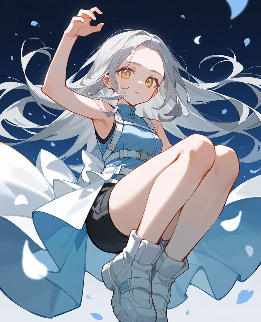 dynamic pose, neat black sleeveless, yellow eyes, gray hair카락, light blue petals, shorts, ((high quality)), light blue band on knees, white wing band, ((forehead)), 1 woman, long hair, Osage Twindale, gray hair,  light blue harness