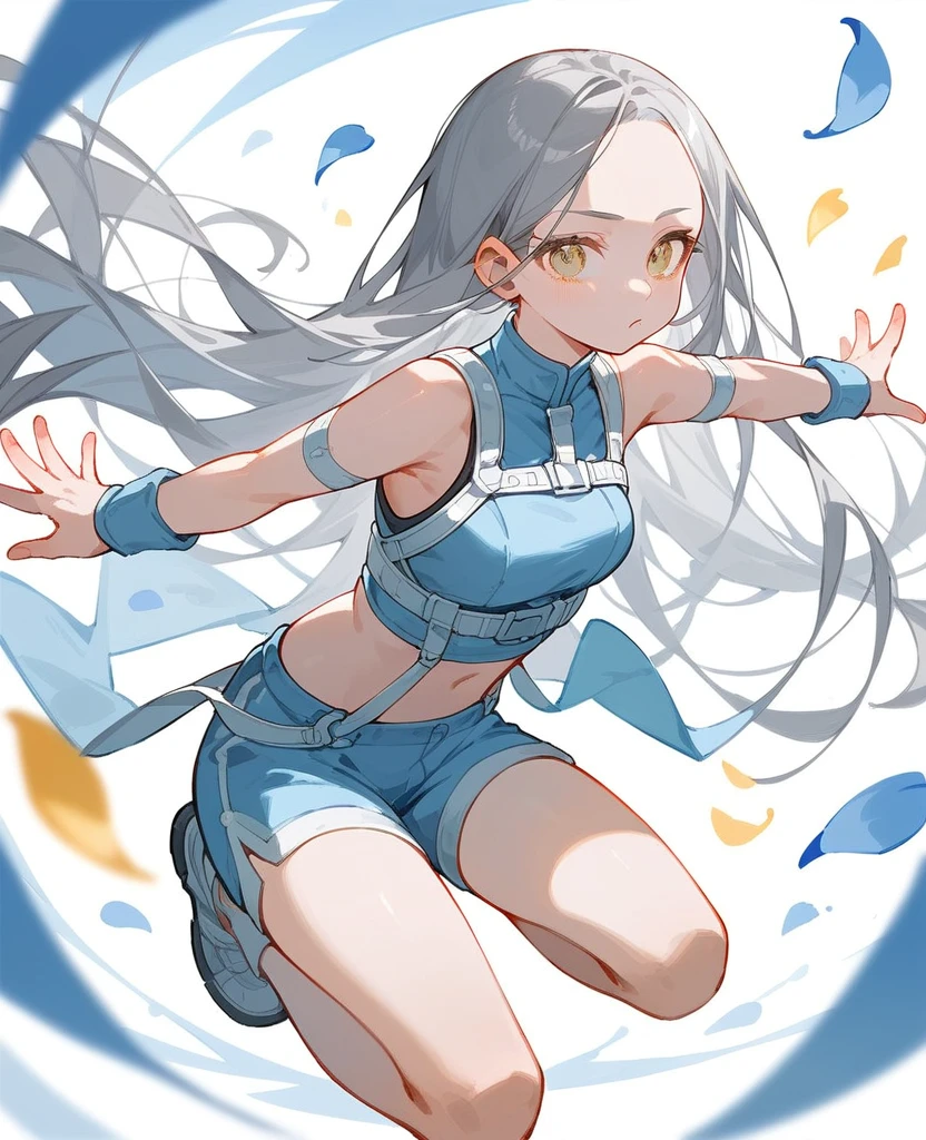 dynamic pose, neat black sleeveless, yellow eyes, gray hair카락, light blue petals, shorts, ((high quality)), light blue band on knees, white wing band, ((forehead)), 1 woman, long hair, Osage Twindale, gray hair, light blue harness