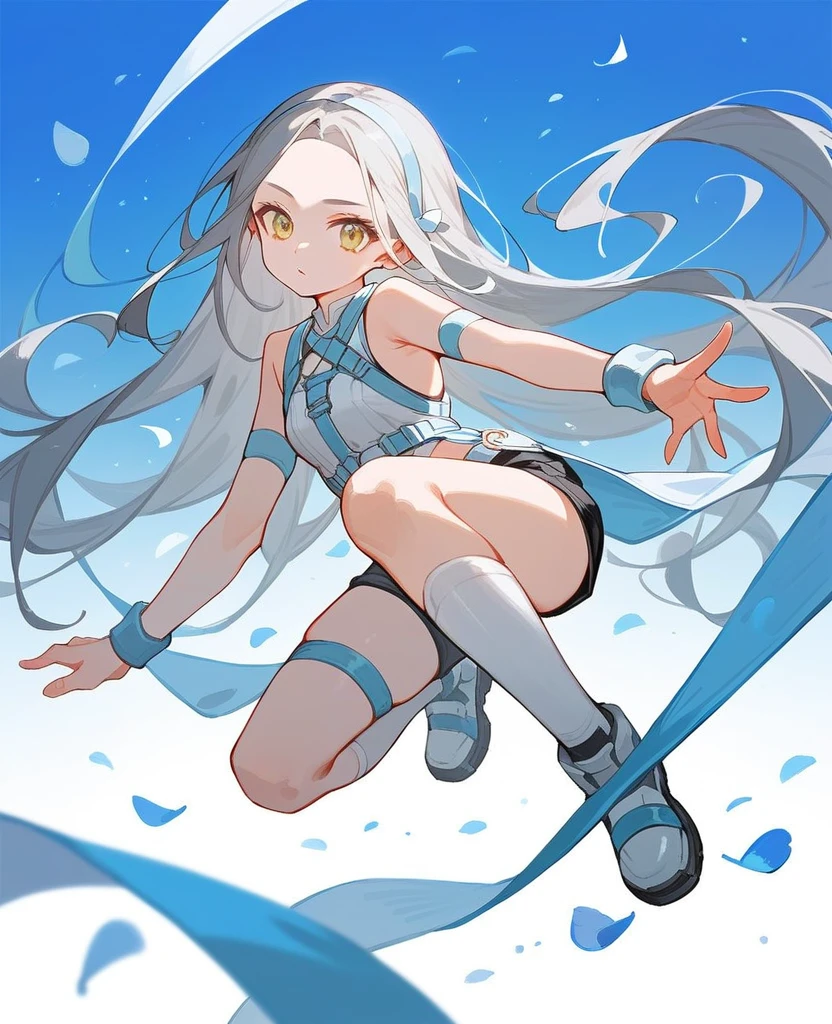 dynamic pose, neat black sleeveless, yellow eyes, gray hair카락, light blue petals, shorts, ((high quality)), light blue band on knees, white wing band, ((forehead)), 1 woman, long hair, Osage Twindale, gray hair, light blue harness