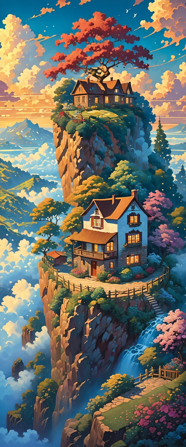painting of a house with a tree on a cliff above the clouds, Kilian Eng y Thomas Kinkade, Rob Gonsalves y Tim White., silvain sarriel, Rhads y Thomas Kinkade, inspired by RHADS, cyril rolando and m.w kalut, cyril rolando and m. w kalut, rhads!!!