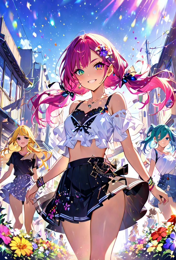 More Top Quality　More masterpieces　More resolution　More masterpieces　More beautiful and colorful hair　More beautiful and colorful eyes　Low Twintails、More beautiful, fierce and colorful casual summer fierce outfits, beautiful and fierce skirtore intense and beautiful flower punk、Particles of light that sparkle more beautifully and intensely、Beautiful girls with more beautiful, intense and vivid gradient effects, The best smile、More beautiful, fierce and cute girl models