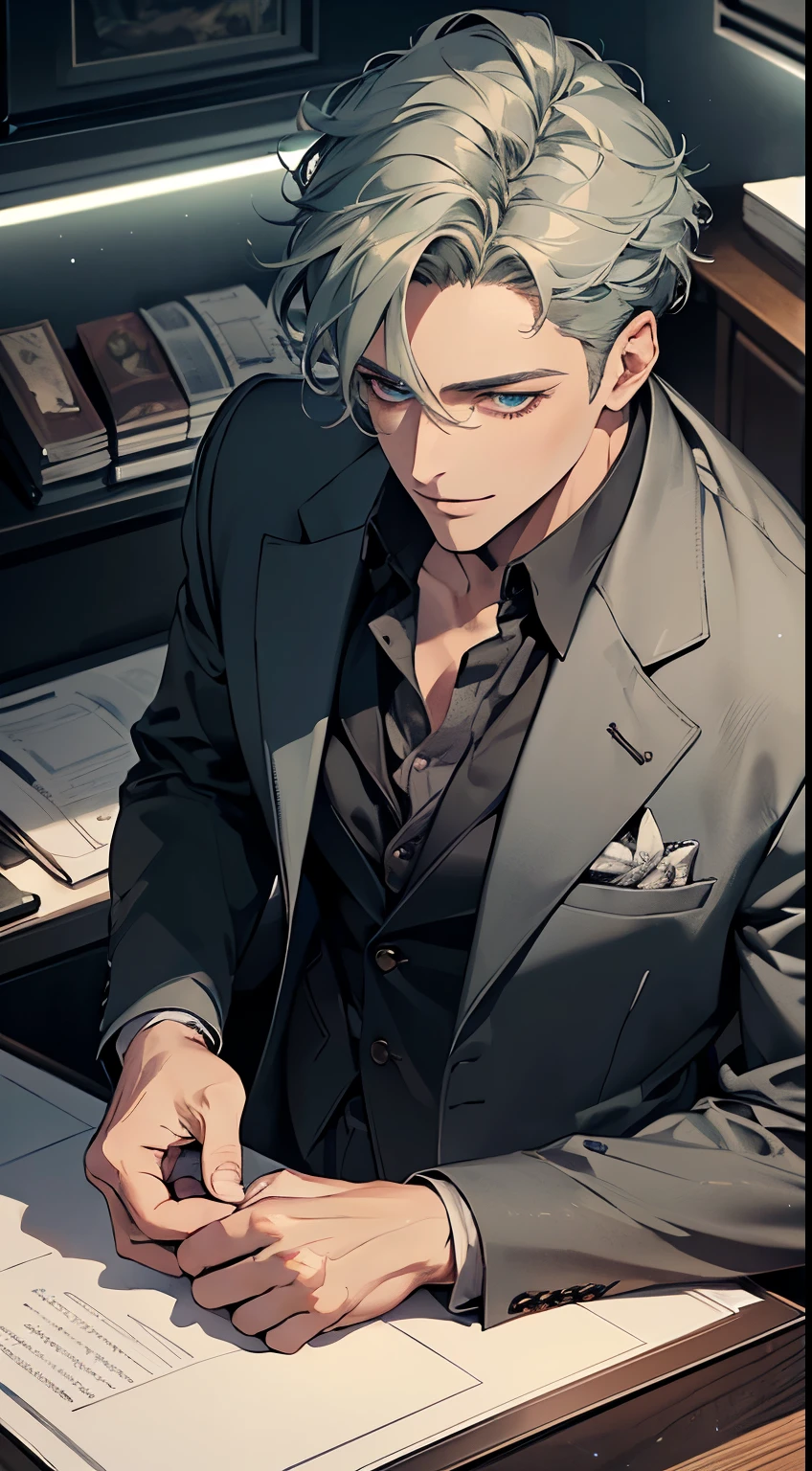(best quality, masterpiece, 8K, photorealistic, cinematic lighting, 1:4 hdr image, top view, ultra detailed, beautiful image), a mature man, very handsome, short grey green hair, blue eyes, perfect face without errors , ((buttoning his jacket, CEO)), smile in love.