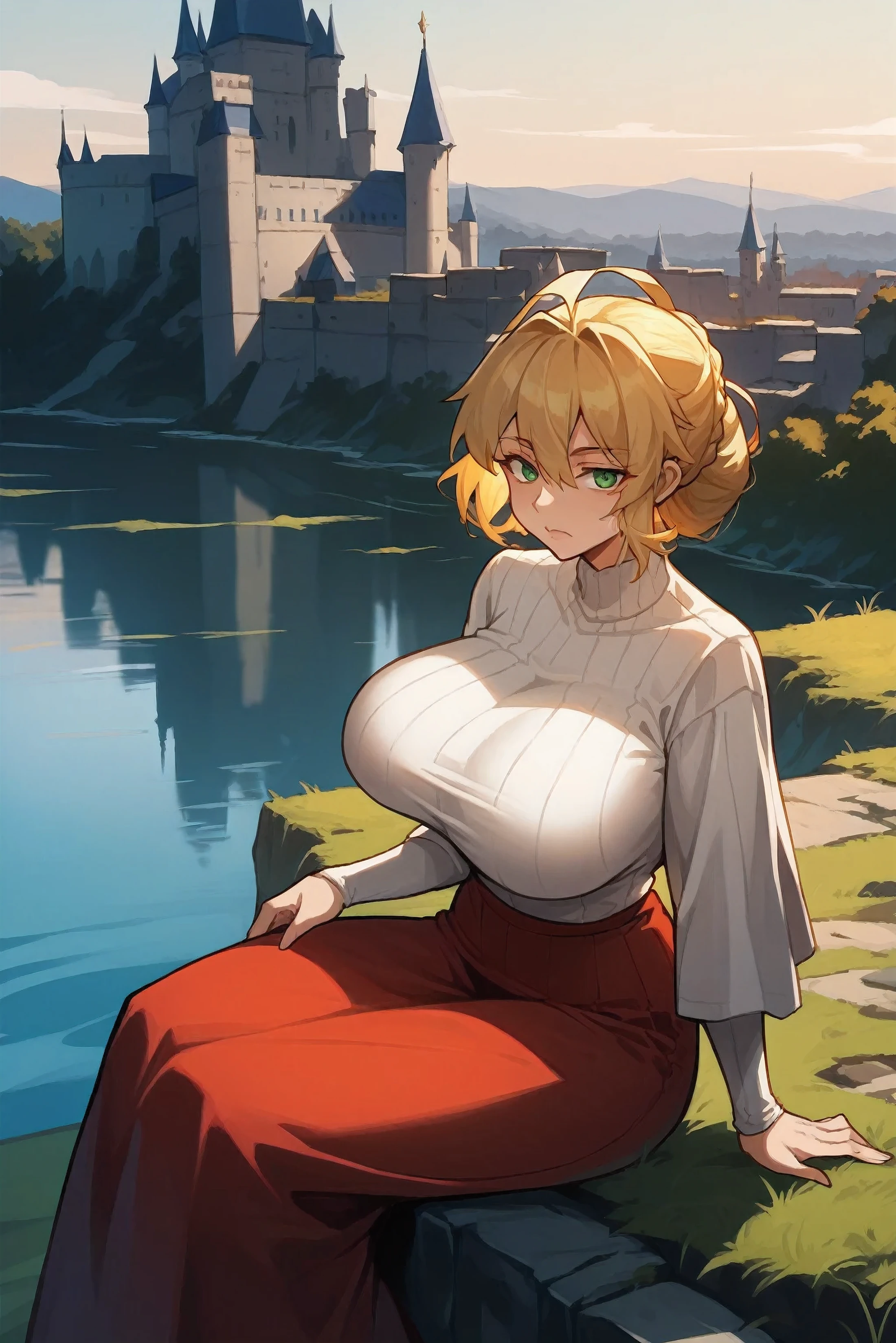 anime: style illustration of a busty woman sitting on a rock overlooking a castle, cushart krenz art key women, guweiz style artwork, guweiz, Guweiz and Pixiv Artstation, Krenzcushart, Artoria Pendragon, Artgerm and Atey Ghailan, Guweiz and Artstation Pixiv, boob augmentation, very big tits, extremely big tits, huge tits 