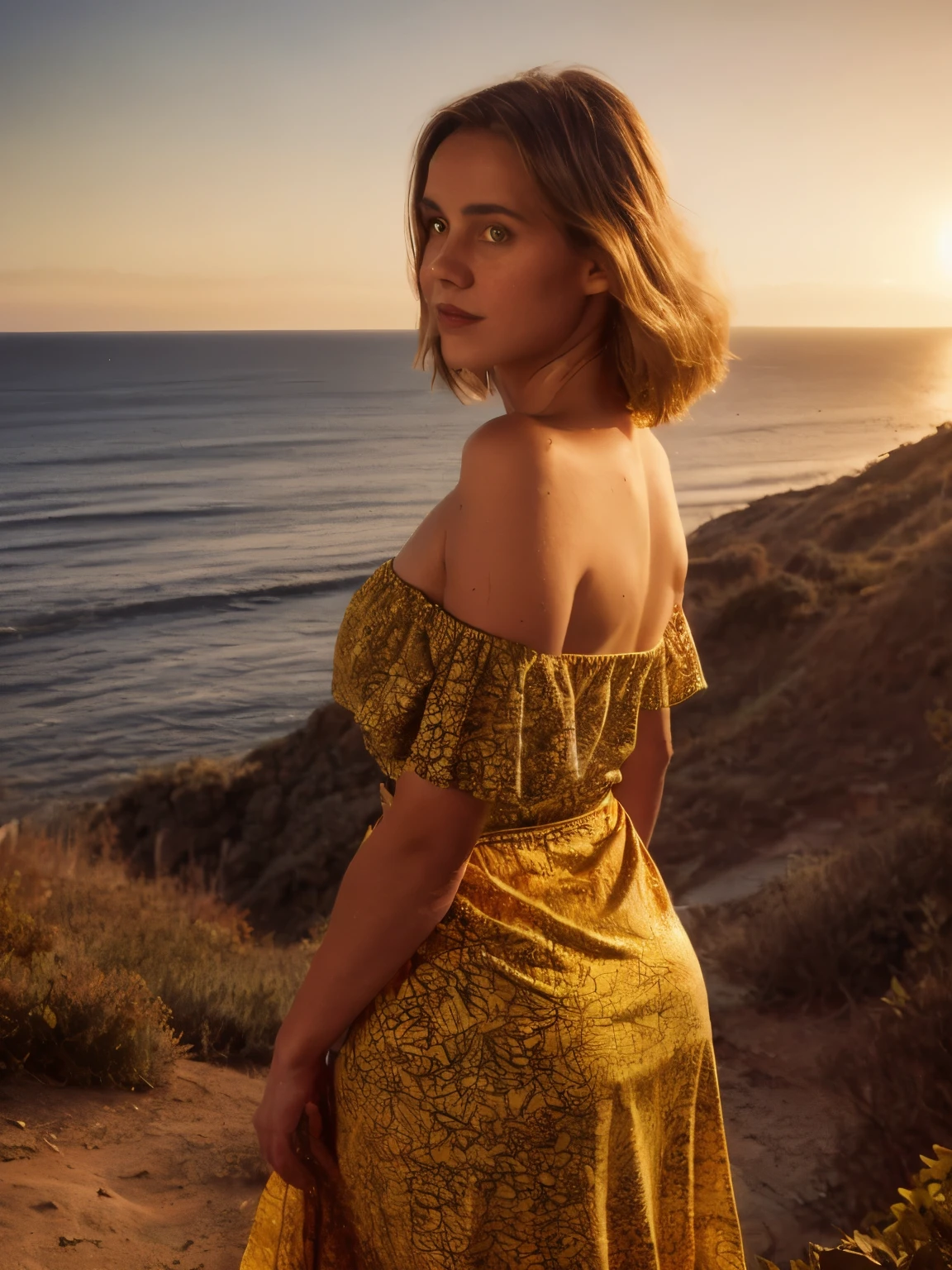 A young woman lies gracefully on the vibrant, sunlit landscape of Mallorca's south coast during the early 1870s. The scene captures a breathtaking autumn sunrise, with the rich, golden hues of dawn casting a warm, soft glow over the picturesque setting. The background is an intricate tapestry of colorful autumn foliage, where the leaves have transitioned into brilliant shades of amber, crimson, and ochre, creating a stunning contrast against the clear, crisp morning sky.

She is dressed in a beautifully detailed paisley print off-the-shoulder top, featuring intricate patterns in deep blues, rich purples, and delicate golds. The fabric is a lightweight, textured cotton, characteristic of the 1870s, with the paisley motifs meticulously woven into the material. The off-the-shoulder design reveals her collarbones, enhancing the elegant simplicity of her attire. Her flowing maxi skirt, made of a soft, sheer muslin, drapes elegantly around her. The skirt’s colors, a gradient of warm oranges and soft yellows, complement the autumn landscape and flutter gently with the breeze.

Her hair is styled in soft, wavy blond locks that cascade over her shoulders, the natural texture catching the early morning light. Her buzz-cut at the nape of her neck contrasts with the longer waves, adding a touch of historical authenticity to her appearance. The woman's skin is a warm, sun-kissed tan, with natural imperfections such as freckles and slight blemishes, which add to her genuine beauty. The soft, golden light of the sunrise enhances her skin’s rich texture, bringing out the natural radiance.

The detailed background includes the lush, vibrant autumn landscape of Mallorca’s south coast. The ground is carpeted with fallen leaves in a spectrum of fiery reds and bright yellows. Nearby, rugged coastal cliffs rise dramatically, their edges softened by the golden light of dawn. The distant Mediterranean Sea sparkles with the first light of the day, reflecting shades of azure and deep blue. T