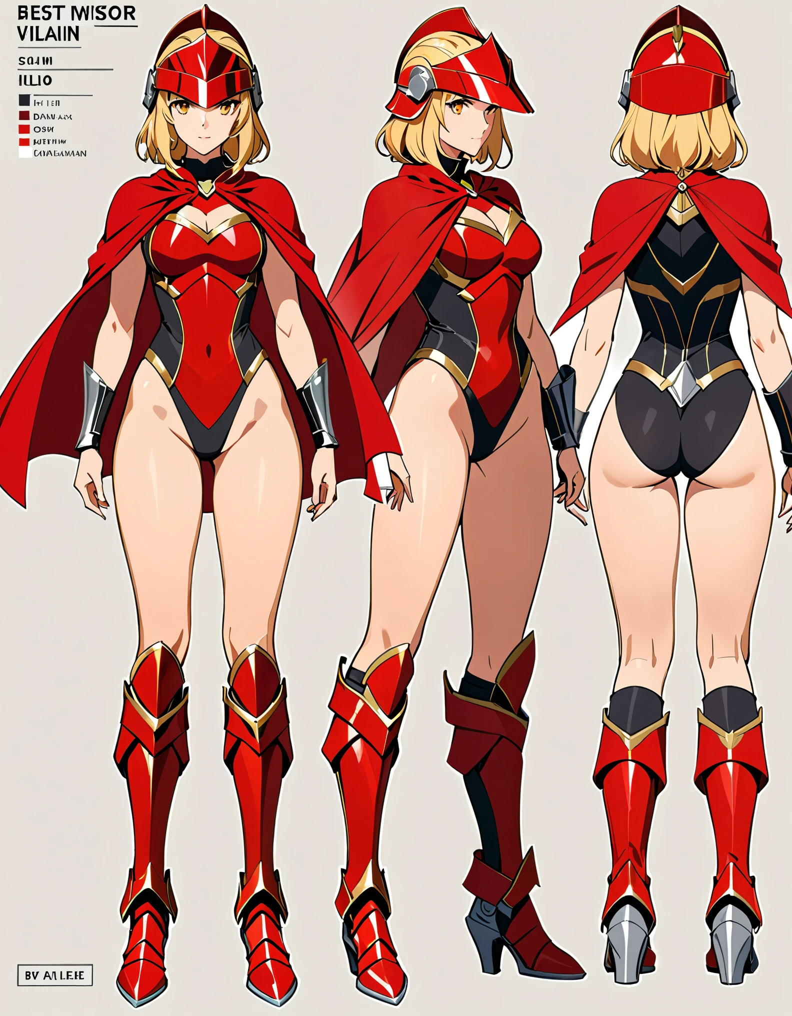 ((masterpiece)), ((best quality)), ((high res)), (dynamic villain pose), (solo, solo focus), standing, italian, (blonde hair, brown eyes), ((beautiful detailed eyes)), (a woman in a yellow and red costume and red cape), (leotard, bare legs), (roman helmet with futuristic visor, matching armored boots), (perfect hands, perfect anatomy), full body costume design. Solo, Solo focus, Simple background, Multiple Views, Character Sheet Full-Length.