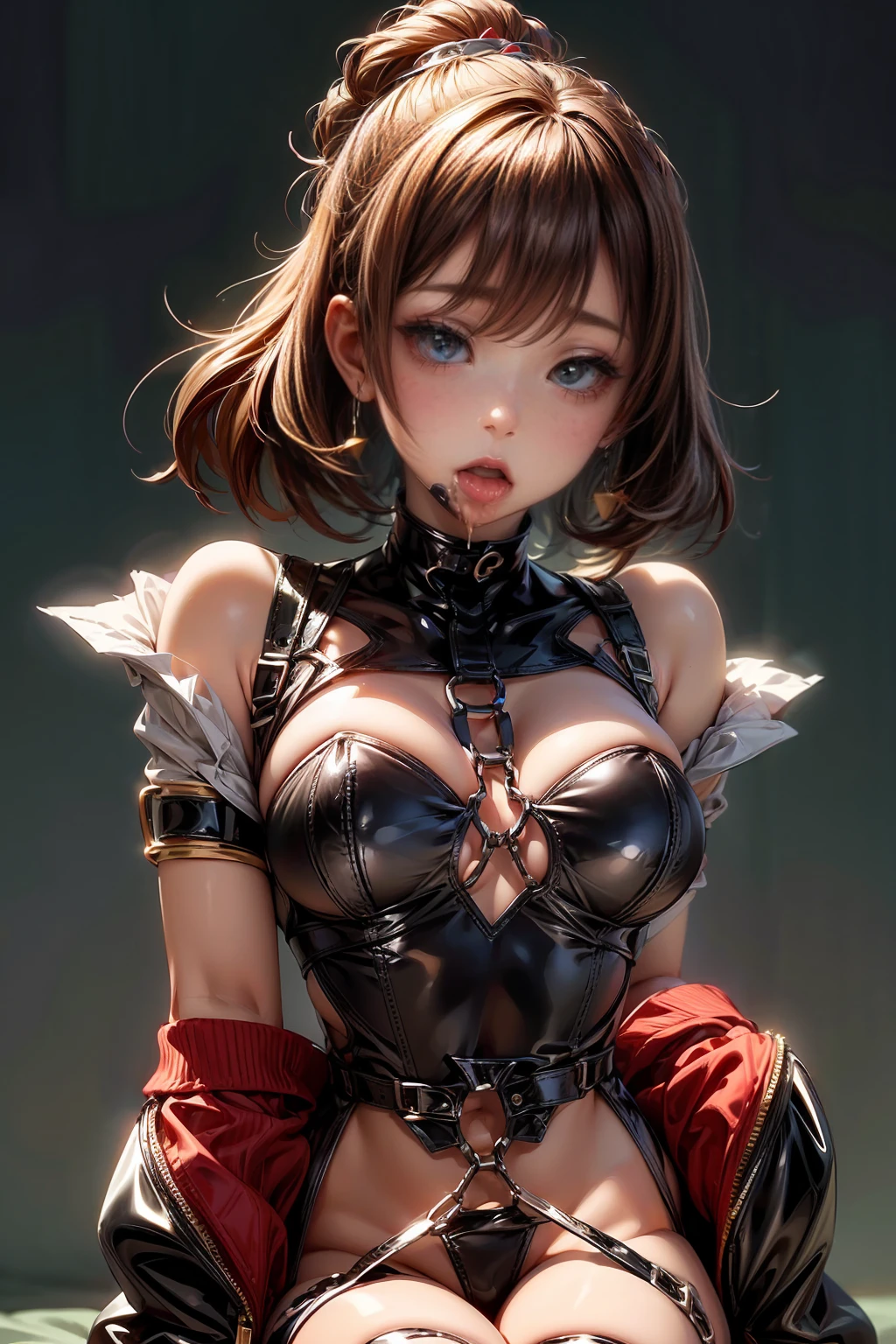 masterpiece, Highest quality, (One 25-year-old woman)、8k、NSFW、(Upper Body)、(Can sit and spread legs:1.5)、(Restraints:2)、Mouth gag、Body Harness、(High leg:1.5)、beautiful、Patent leather lingerie、Long enamel boots、Crying face、Big tears、Love juice from、