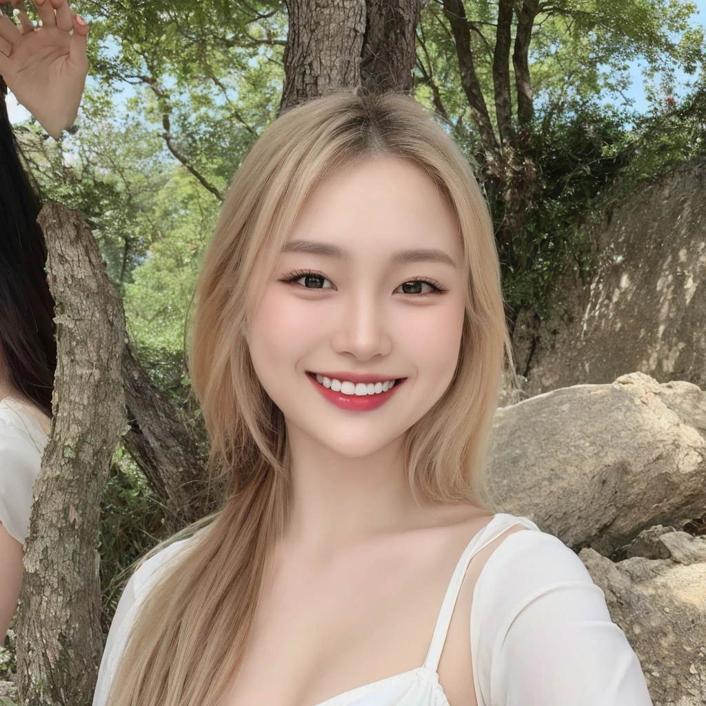 (Best quality, 8k, 32k, Masterpiece, UHD:1.2),Photo of Pretty Japanese woman, 1girl, (long blonde hair), (large breasts), smile, double eyelid, White bikini, upper body, sexy