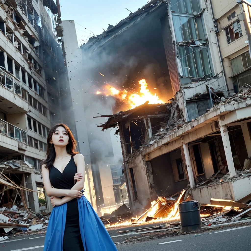 (highest quality、4k、8K、High resolution、masterpiece: 1.2)、Super detailed、(genuine、photogenuineistic、photogenuineistic: 1.37)、Destruction of a Great City、(A woman with telekinesis stands in front of a mech controlled by the invaders:1.37) 、(Women are young and beautiful、18-year-old、unparalleled beauty:1.5)、Insert a mental barrier to resist robot attacks、Vibrant cityscape、bright colors、Shining skyscrapers、Busy Street、Futuristic architecture and technology、Advanced Holographic Displays、Neon light splashes 、dramatic lighting、intense shadow、The awe-inspiring power that women exude、determination in his eyes、Elegant flowing gown、Dynamic action in the wind、Stretch out your arms and lunge towards the robot.、Powerful energy is emitted from the hands.、blue shining aura、sparks of electricity、electricity crackling in the air、A whirlpool of energy surrounding women、A fascinating and surgenuine atmosphere、A sense of danger and impending doom、Background chaos and destruction、Crumbling Building、Flying Debris、Smoke and flames、 The contrast between beauty and destruction、The battle between technology and the extraordinary power of young women。 cr1r3