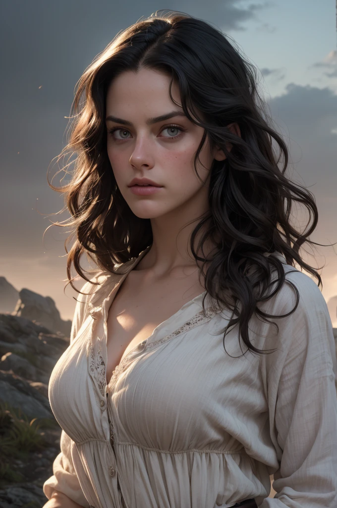 (masterpiece, absurdres, highres, ultra detailed), 1woman, wavy dark hair, adult, hazel eyes, focus,handsome face, yennefer the witcher, charming, detailed eyes and face, angry expression, sky background, looks like Kaya Scodelario, ghostly ethereal look