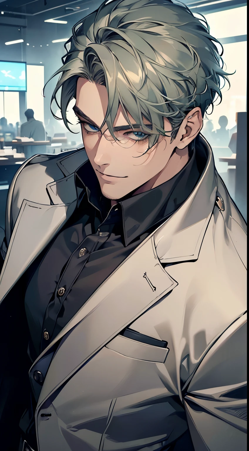 (best quality, masterpiece, 8K, photorealistic, cinematic lighting, 1:4 hdr image, top view, ultra detailed, beautiful image), a mature man, very handsome, short grey green hair, blue eyes, perfect face without errors , ((buttoning his jacket, CEO)), smile in love.