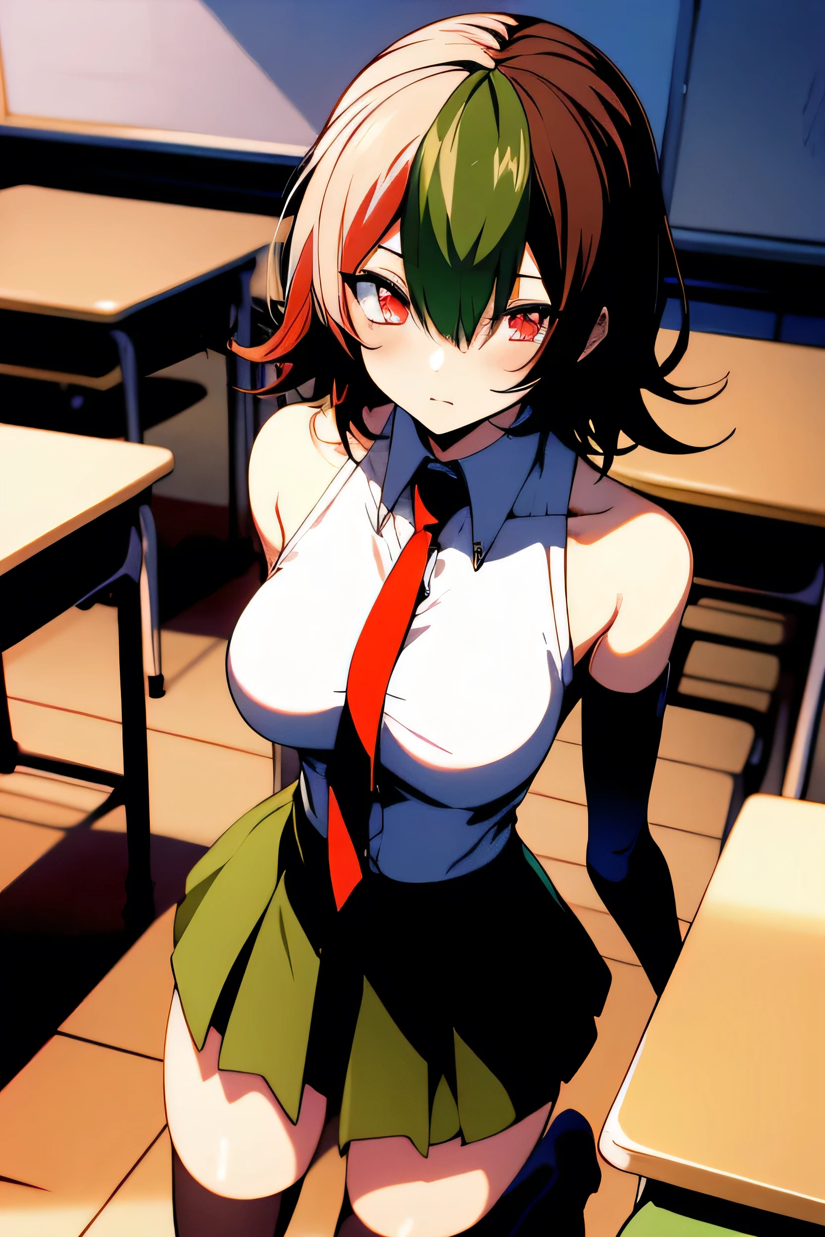 core_9、score_8_superior、score_7_superior、score_6_superior、score_5_superior、score_4_superior、masterpiece、Highest quality、break、 One Girl、Dyed bangs、 Multicolored Hair、Two-tone hair、tie、Brown Hair、Red eyes、skirt、Big Breasts、Narrow waist、Slender body、Slender body、Center of chest、Removable sleeves、Green Hair、Expose your shoulders、indoor、classroom、1 girl、sexy、erotic、Dynamic pose 、 Cypress、Dyed bangs、Two-tone hair、Thigh-high socks、tie、Removable sleeveasterpiece、expensive quality、very_expensive_solve、 big_file size、Full Color、