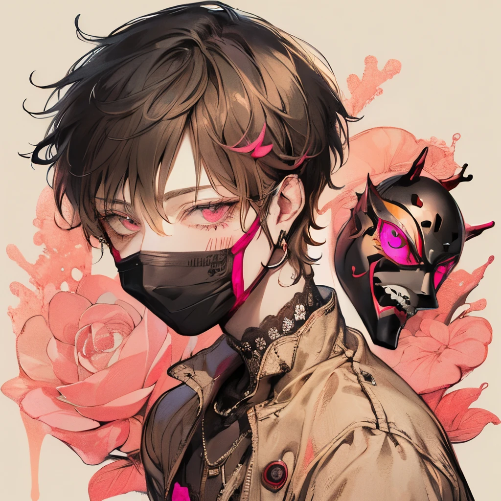 Beautiful young man, coral pink-haired, ((Gray eyes)),(short wave hair:1.2), (gas mask:1.2),((underwear、lingerie:1.2)),clear wear,High quality, amount of drawing, pixiv illustration,(heart:1.2),close-up Face,red-cheek,(NSFW:1.0).