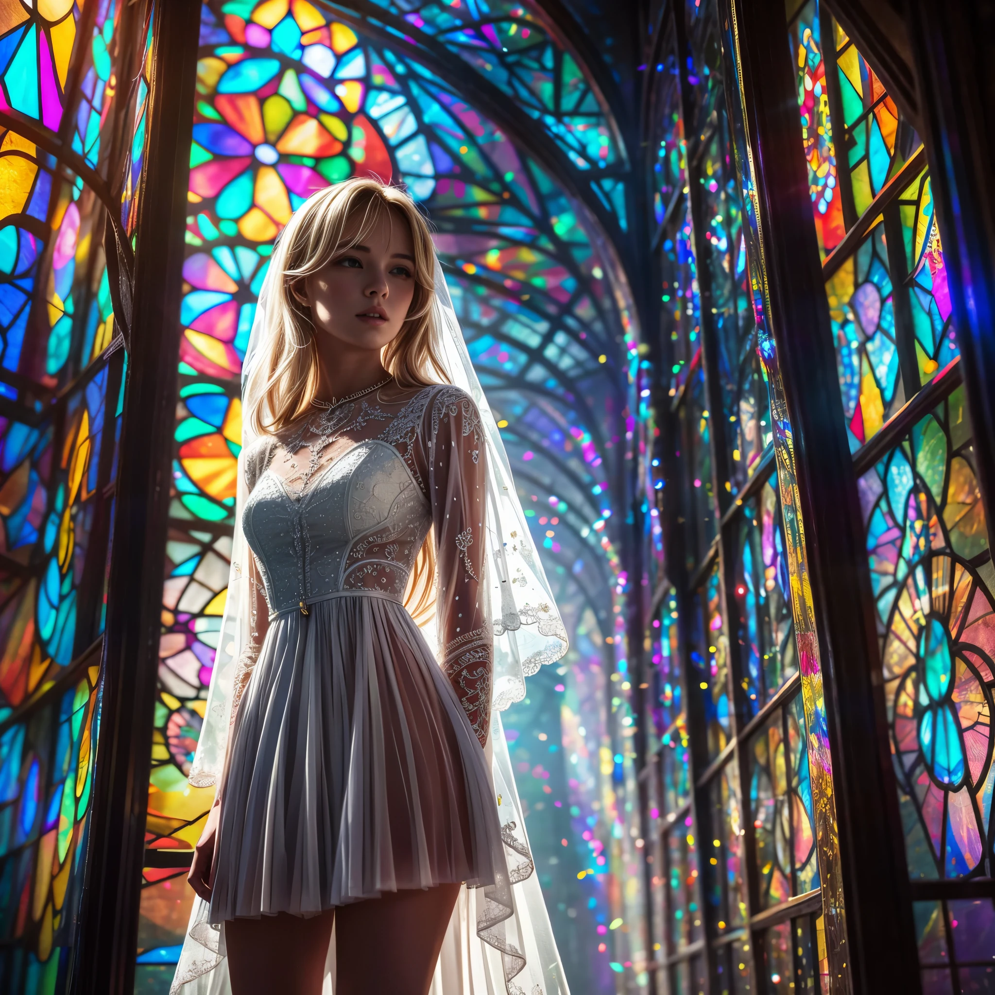 (Cathedral from below:1.28) (ZoomLayer) TopQuality 8K masterpiece of ((Professional photo)), (((Clarisse de Cagliostro))) (Detailed White WeddingDresses), Chain, (((Extremely detailed KAWAII face))) {((VeiledFace))|BlondeHair|(Elaborate BuleEyes)with(SparklingHighlights:1.28)}, The background is distant (((Elaborate stained glass))) Rainbow Glass, {(MysticSight)|EnchantingAtmosphere|Haze|(GodRays)|TyndallEffect}, Radiant PearlSkin with Transparency, (Exposed:0.39)