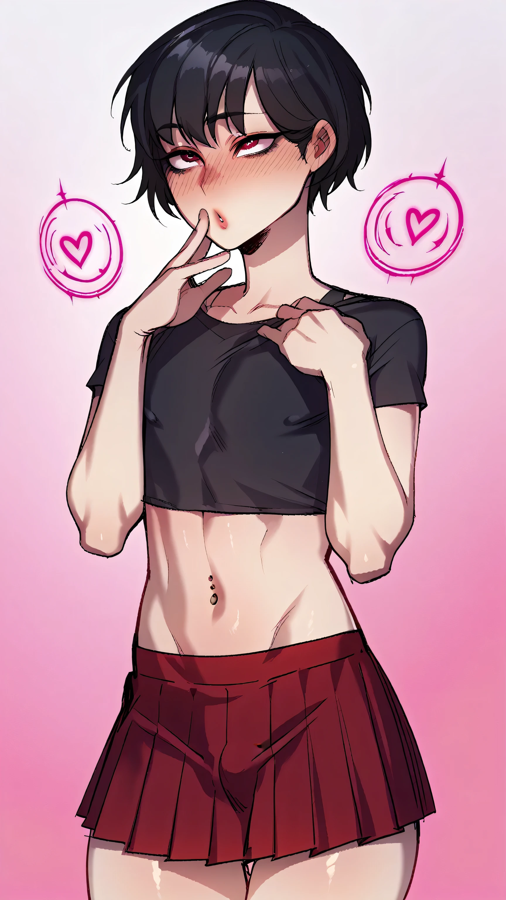 score_9, score_8_up, score_7_up, score_6_up, score_5_up, score_4_up, BREAK 1boy, intricate, looking at left, looking up, detailed background, (masterpiece, high quality:1), cute femboy, slender body, 1boy, male, black High Rise Plain Mini Pleated Skirt, short black hair, structured jawline, half sleeve maroon crop top.