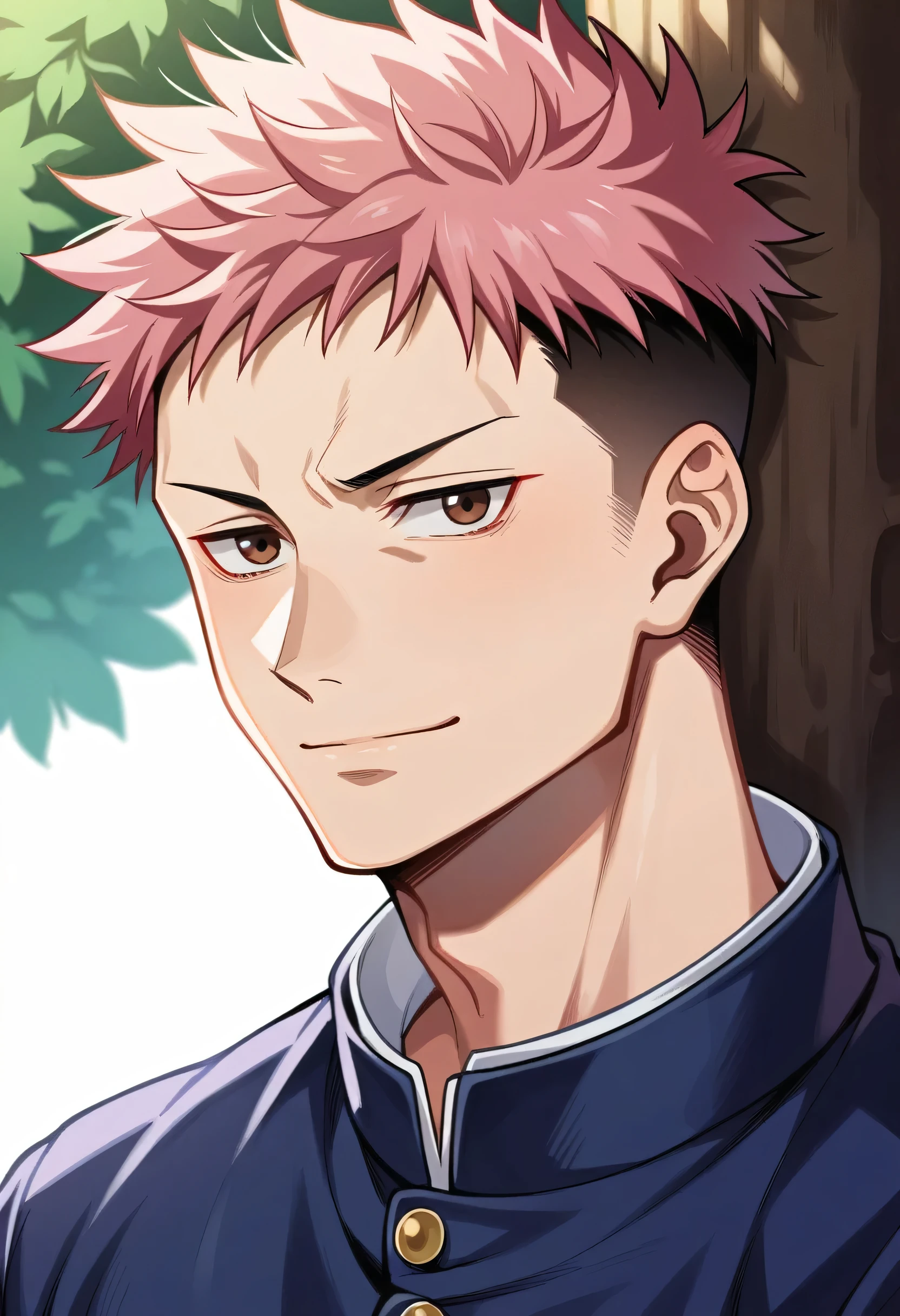 masterpiece, Best Quality, 1 chico, itadori_yuuji, Jujutsu Kaisen, portrait, Upper part of the body, looking at the viewer, against tree, Oak, pink hair, undercut, Brown eyes, Closed mouth, light smile, (black gakuran),