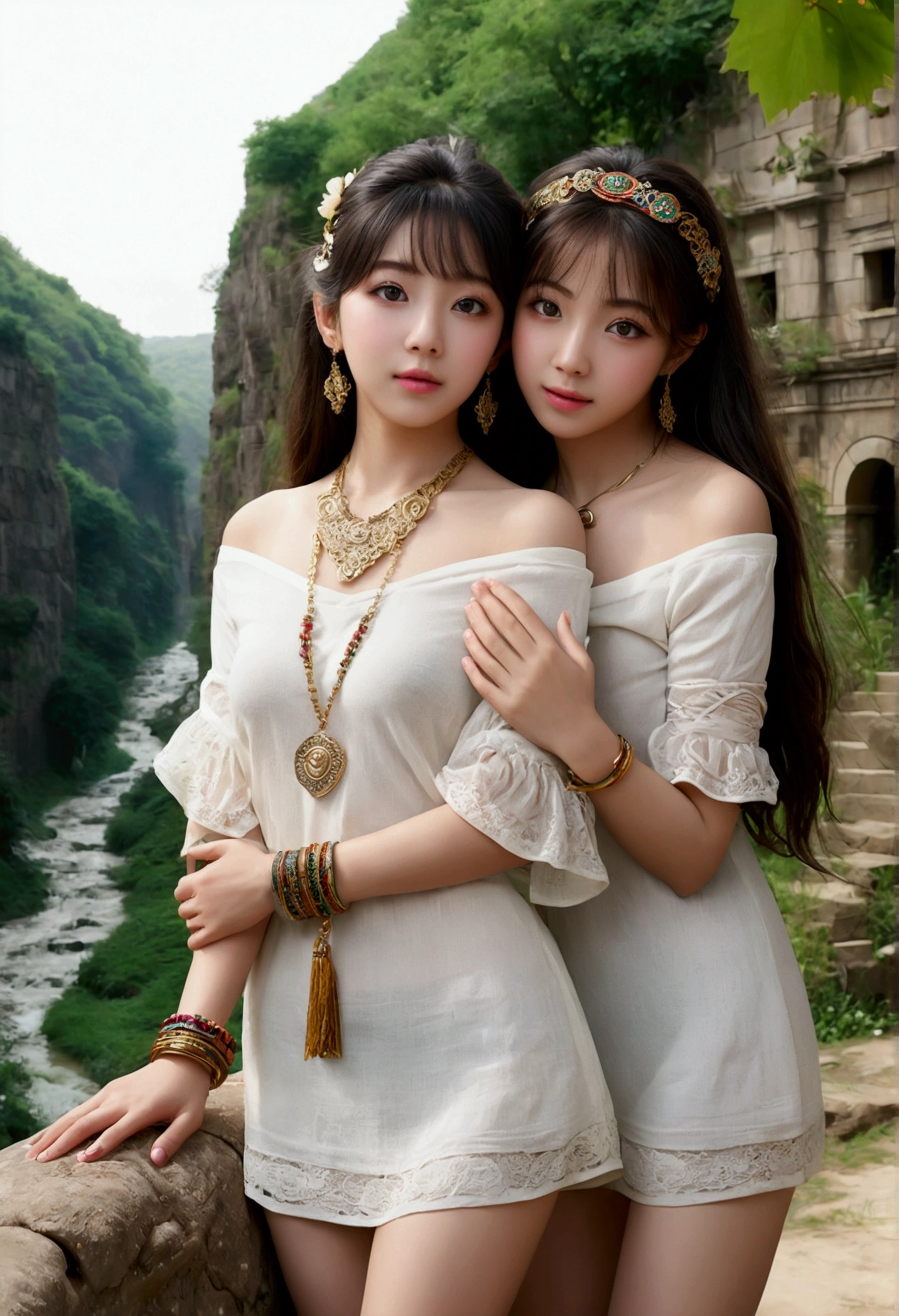 ((Realistic:1.5)),Ulzzang-6500:1.4,((Best quality)), ((Masterpiece)),((Detailed)),2girls,duo,{2 beautiful women}, (Upper body:1.3),Hug and touch each other, Tease your friend's waist, Breathless friends, Biting a friend's earlobe, crouched,super wide shot,Face focus, Long legs,Curvy, Barefoot,Wide hips, Thin legs, Oversized eyes,Long eyelashes, (Detailed face,beautidful eyes, detailedpupils,detailed clothes features, Clear background:1.3), (armlets, bangle:1.3), Mysterious ancient ruins, floresta exuberante, Deep canyon,bridge,River,cliff,Cloud,lakes,Rock music,Waterfalls, Flowers, Grass,grape trees,tree,bright detail,Sharp,Perfect compounding, Intricate, Sharp focus, Dramatic, nude full body having sex with boy