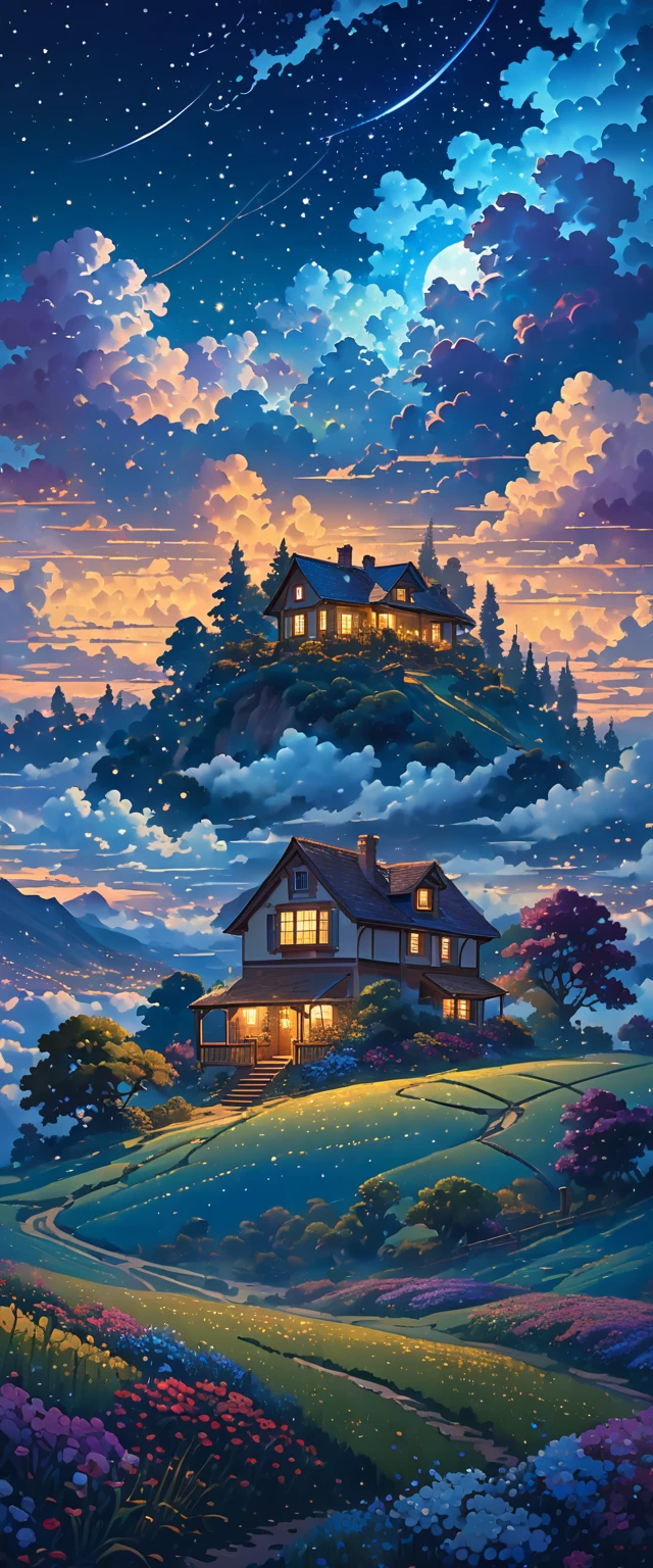 a house in the middle of a field under a night sky, animated background, animated background art, beautiful anime scene, Over the clouds, Kilian Eng y Thomas Kinkade, Rob Gonsalves y Tim White., silvain sarriel, Rhads y Thomas Kinkade, inspired by RHADS, cyril rolando and m.I&#39;m confused, cyril rolando and m. I&#39;m confused, Rhads!!!
