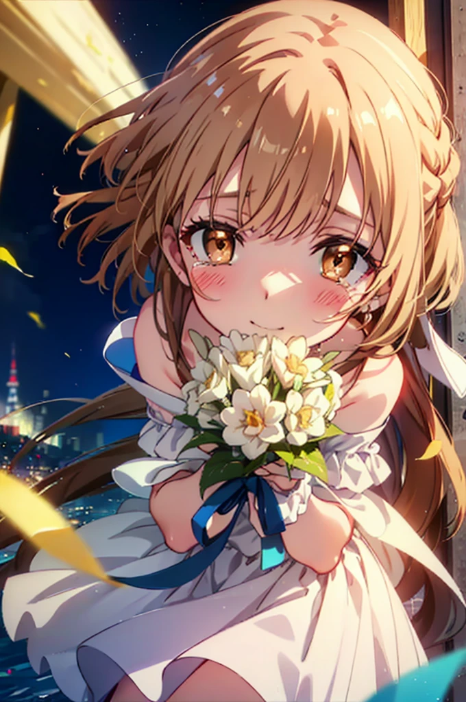 a sun ayuuki, a sun a yuuki, Long Hair, Brown Hair, (Brown eyes:1.8),smile,blush,Off-the-shoulder wedding dresses,necklace,Wedding Skirts,Holding a bouquet in both hands,Clear skies,Tears stream down her face,Tears of joy,I cry a lot,Flower storm,whole bodyがイラストに入るように,night,night景,
break outdoors, バルコニー
break looking at viewer, whole body,(Cowboy Shot:1.5),
break (masterpiece:1.2), Highest quality, High resolution, unity 8k wallpaper, (figure:0.8), (Beautiful attention to detail:1.6), Highly detailed face, Perfect lighting, Highly detailed CG, (Perfect hands, Perfect Anatomy),