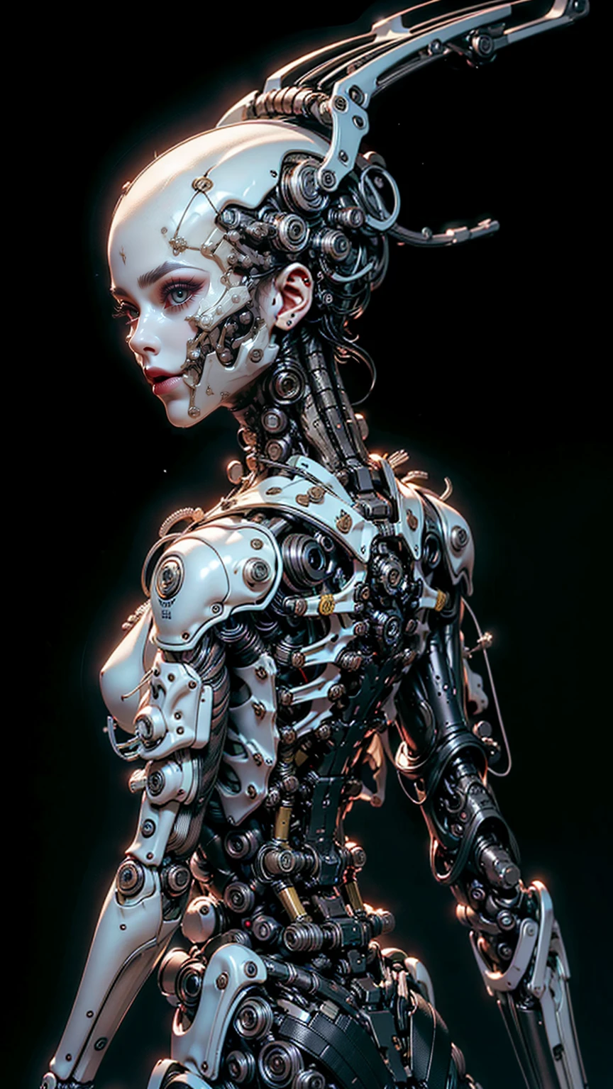 (masterpiece, top quality, Best Quality), head on, (1 girl), half body, extremely detailed, striking body, more detailed,((ultra detailed)), ((an extremely delicate and beautiful body)), (from the front), in a futuristic white room, ((1 girl cyborg)) beautiful human face, alone, foto de half body, pose sensual, (machine made joints:1.2),((mechanical limbs)),(Blood vessels connected to tubes..),(mechanical vertebra attached to the back),((mechanical cervical fixation to the neck)),((hollow body)),((Pure white, light tones, minimalist white))