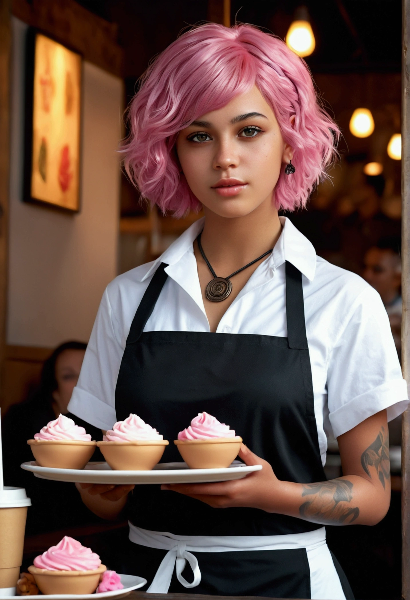 (8k, Highest quality, masterpiece:1,2), (Realistic, Photorealistic:1.37), Super Detail, One Girl,), (Very detailed), (Beautiful and detailed eyes), (Highest quality), (Very detailed ), (masterpiece), (Detailed face),20-year-old, ,1 girl, whole body, Pink Hair,Very short hair, Medium chest, Dressed, Perfect lighting, Focus on pussy and breasts, View your viewers, Excited face, Mischievous face, (african aborigines, wearing waitress costume: 1.2) , Cafe, With a tray in hand, Coffee on the tray