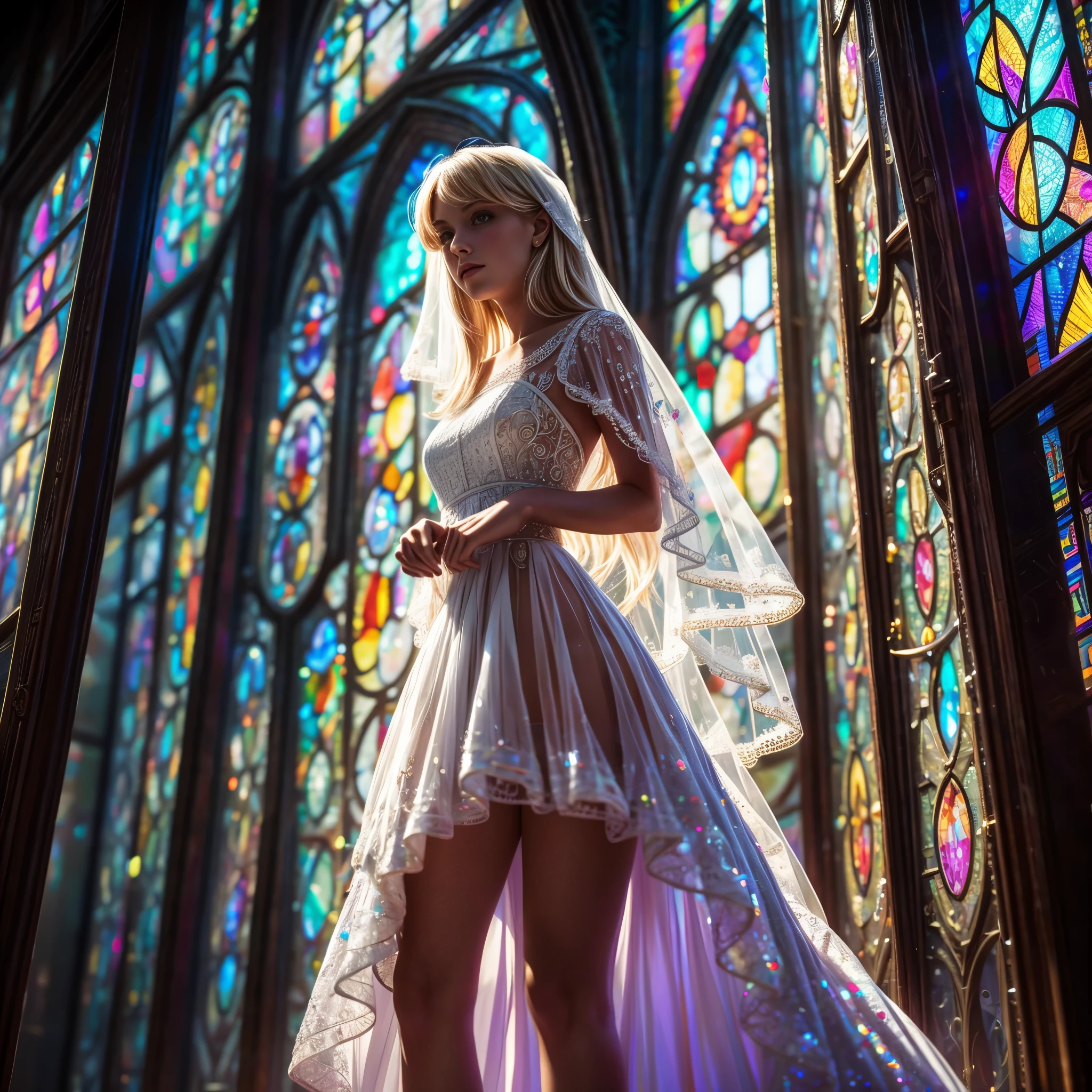 (Cathedral from below:1.28) (ZoomLayer) TopQuality 8K masterpiece of ((Professional photo)), (((Clarisse de Cagliostro))) (Detailed White WeddingDresses), Chain, (((Extremely detailed KAWAII face))) {((VeiledFace))|BlondeHair|(Elaborate BuleEyes)with(SparklingHighlights:1.28)}, The background is distant (((Elaborate stained glass))) Rainbow Glass, {(MysticSight)|EnchantingAtmosphere|Haze|(GodRays)|TyndallEffect}, Radiant PearlSkin with Transparency, (Exposed:0.39)
