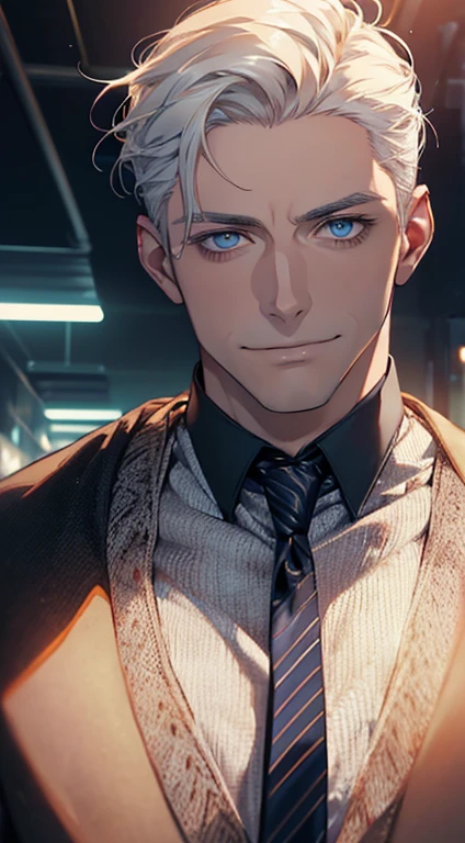 (best quality, masterpiece, 8K, photorealistic, cinematic lighting, hdr image, ultra detailed, beautiful image), 1 man, 31 years old, mature man, very handsome, (without expression, smile), short white hair, blue eyes ( penetrating gaze), perfect face without errors, imposing posture, without errors, businessman, office background