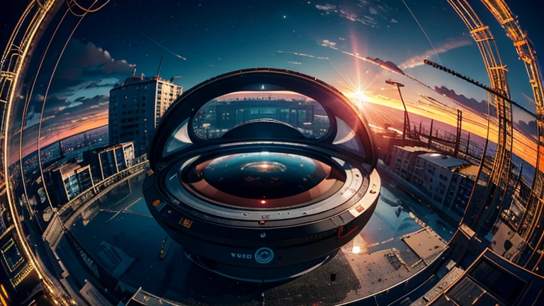 (Fisheye Lens),icon, logo, Very wide white background, Superior quality, masterpiece, 8k, Depth of written boundary, Intricate details, (unmanned), Very large margins, Lots of text, Corporate logo, space, motif, Symbolism, Looks like a movie poster, Fisheye Lens, (Abandoned Factory), (Lots of wires), spacecraft, moon, Solar flare, (sunset),