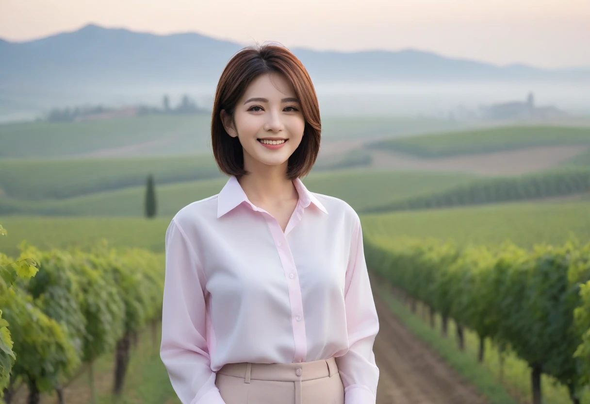 8k, ultra high resolution, best quality, masterpiece, 三分割法によるpicture,surreal, picture, 1 woman, (36 years old:1.3), Pretty Woman, Cute face, Beautiful Eyes in Every Detail, 細かくdetailedに,masterpiece,, a woman:1.2, Japanese female announcer,whole body,young wife,Light pink collared shirt and short luxury brand cardigan, casual pants, Italian countryside vineyard road, foggy vineyard at dawn, A cathedral can be seen in the distance in the fog., look up at the sky , profile, Full of cleanliness,a relaxed smile,heal the heart,short medium hair,Looking at the audience、beauty,long neck、Smile a little、Please shut your mouth and smile、(((ideal body type))),A cup small breasts :2,、portrait:2、complete anatomy、鮮明なdetailed、detailed、surreal、light and shadow,strong light, 캐논 16-35 광각렌즈 whole body샷