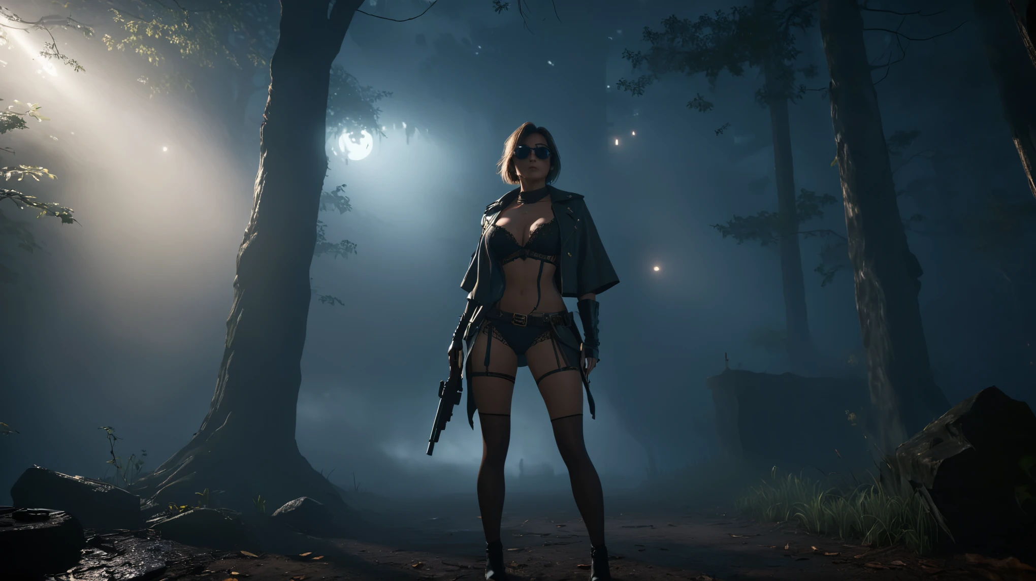 Silent Hill style mysterious scene at night, blurred lights, moon light, distant ancient castle ruin in forest, broken statue, bats, wolf. (((1girl, solo, alone))), female explorer, large-:1.1 slim:0.6 body, cleavasexy lingerie h jacket, (black sunglasses), (((holding a pistol))), dynamic pose, (((half-body thigh:1.1 level medium shot))), mysterious fog, cinematic lighting, ray tracing.