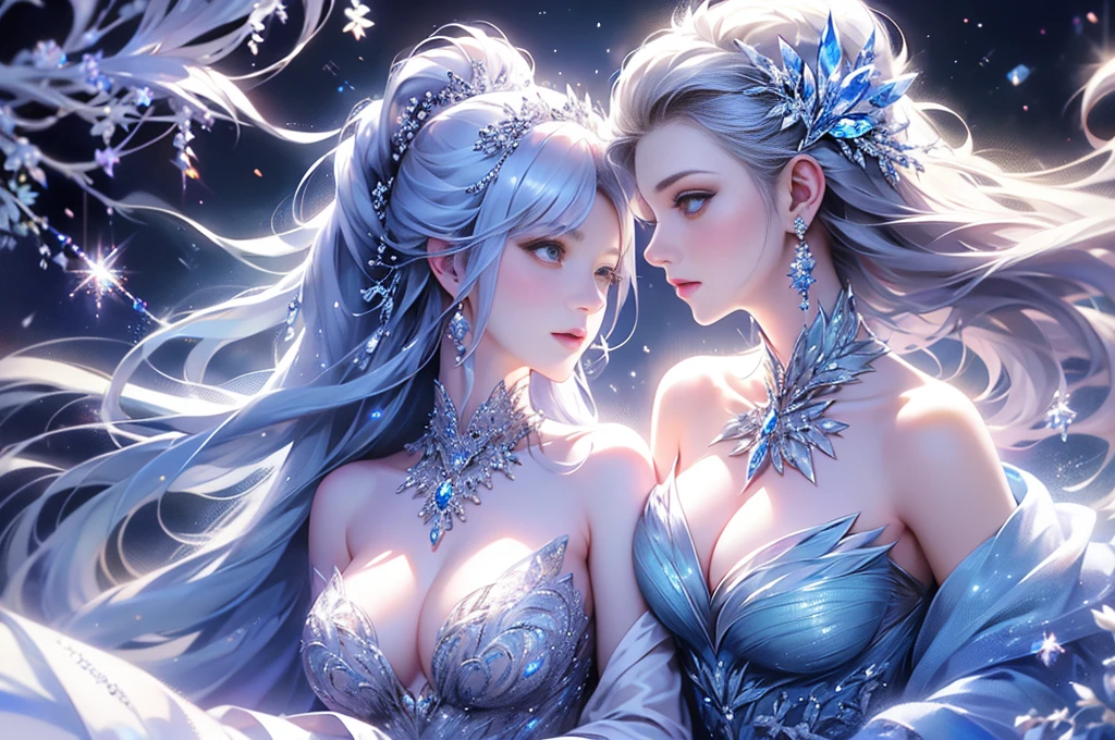 wood, Exquisite mini ice spikes and crystals, Frozen waterfall in the background, Light reflected by ice crystals, Flowing snowflakes.1 girl, Beautiful woman、pretty girl,A realistic person,Beautiful cleavage