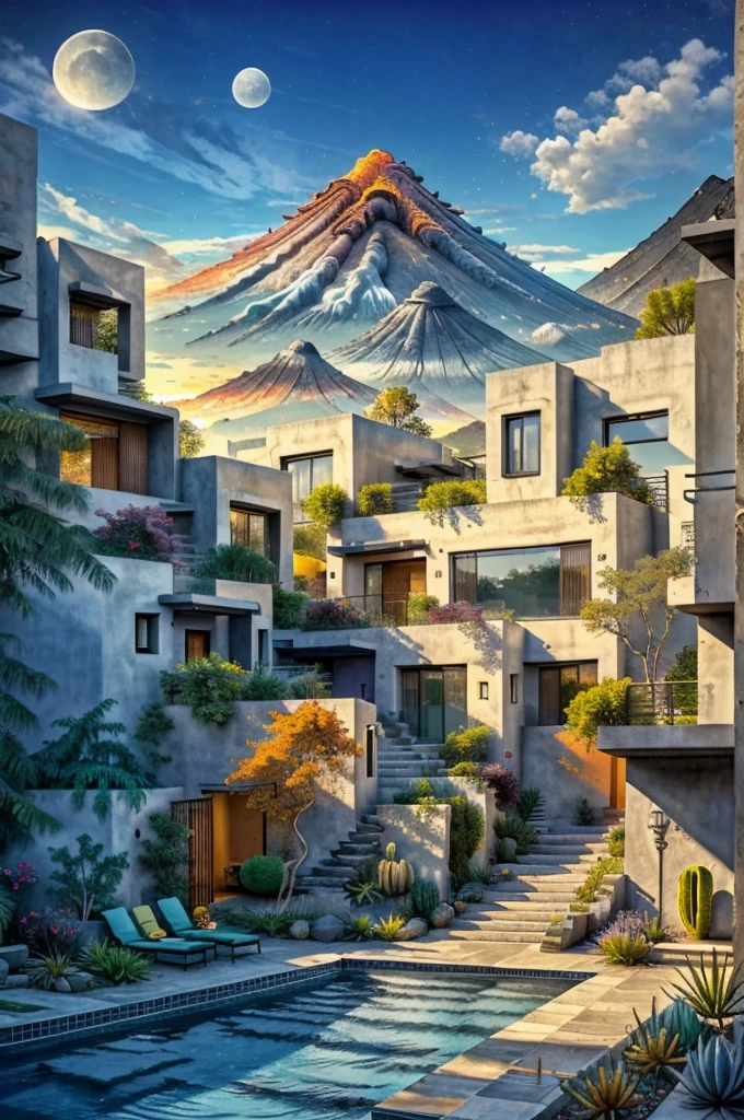 Multiple houses, brutalism style, Luis Barragán, Mountains in background, river, pool, terraces, stairs, garden terraces, trees, beautiful clouds, moon, sun, detailed, cacti, boulders, volcanic rocks, fuggy, river, lake, Violet, orange, olive green, blue, magenta, amazing volcano in horizont, beautiful garden design