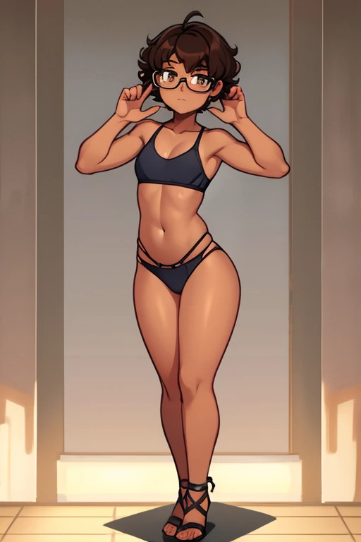 Really embarrassed tomboy thin hairly girl, with short gray curly hair, brown skin and glasses,Lingerie Torns off , full body, gymnastic poses