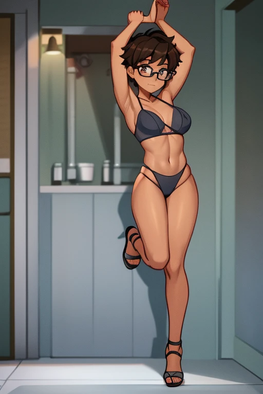 Really embarrassed tomboy thin hairly girl, with short gray curly hair, brown skin and glasses,Lingerie Torns off , full body, gymnastic poses
