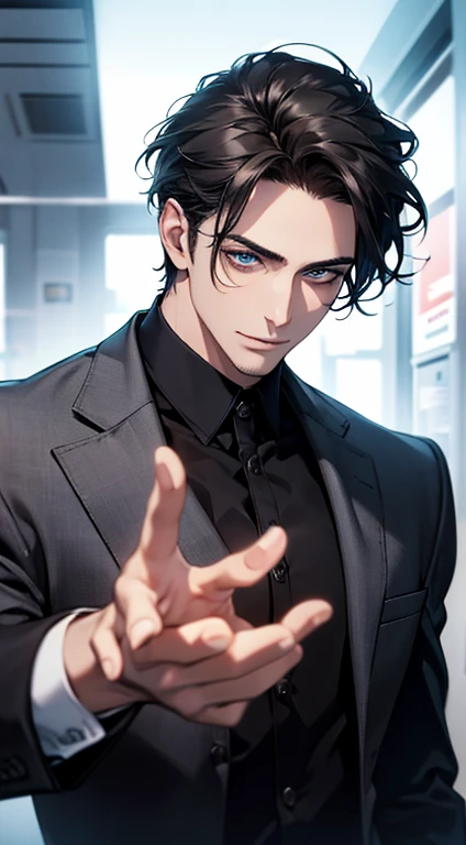 (best quality,4k,8k,highres,masterpiece:1.2),ultra-detailed,(realistic,photorealistic,photo-realistic:1.37),1 man,31 years old,mature man,very handsome,without expression,smile,short grey black hair,blue eyes,penetrating gaze,perfect face without errors,imposing posture,businessman,office background,cinematic lighting,hdr image