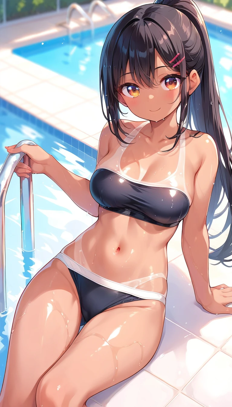 Adult women Beauty ponytail Black Hair smile Brown Skin Tanning in school swimsuits Black tube top bikini tits Indoor swimming pool