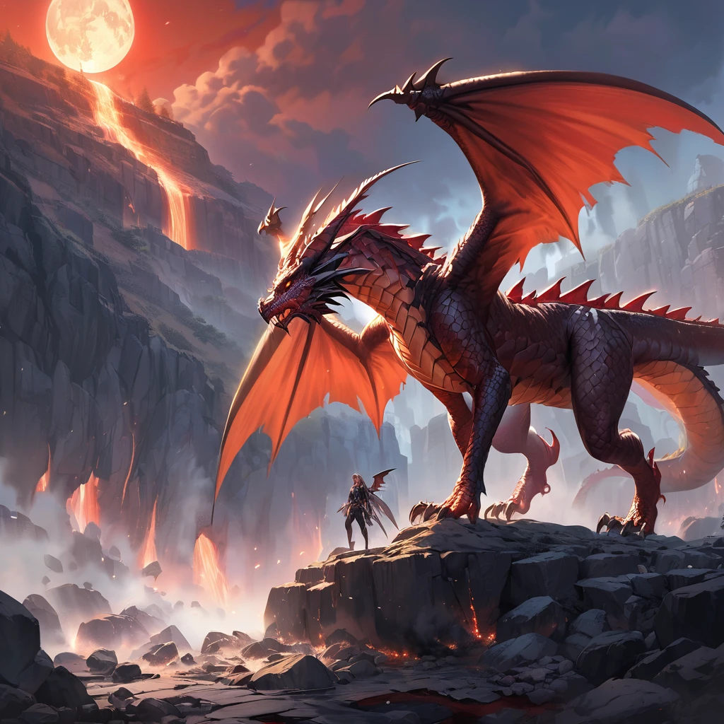 (A European dragon with 2 wings standing on a rocky ledge ), solo, lava waterfall, dust cloud red sun, BREAK, mystical creature, realistic, ultra detailed, dynamic pose, moonlit night, detailed mountain wasteland background, rocks in the foreground