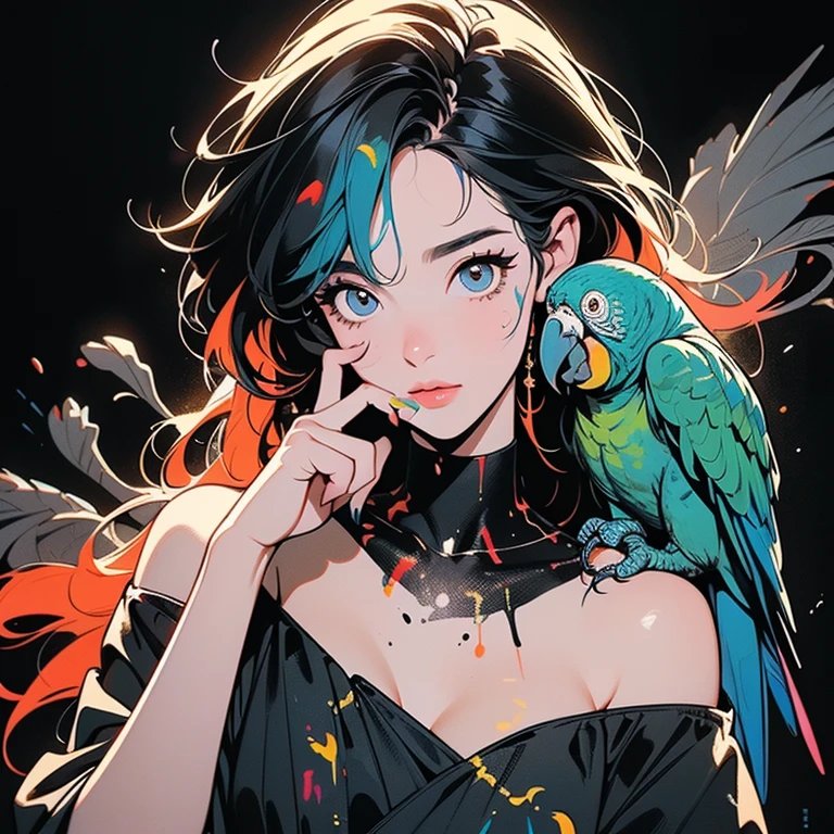 (((Beautiful bird with One Woman))), (((A very large parrot on your shoulder))), wonderful, Very detailedな face and eyes, Dripping Paint, (((Perfect bird))), Complex, wonderful, wonderful, Gold leaf trim, magic, Masterpiece Painting, Very detailedな, Fascinating, Fascinatingな, intense, Scattered Light, Built using the Golden Ratio, Awards, Perfect composition, Ultra HD, 8k, Realistic, Very detailed, One Woman, (((Put your finger to your mouth))),(((Perfect Fingers)),(((Perfect hands)), Black background, (((Splattering colorful paint)))