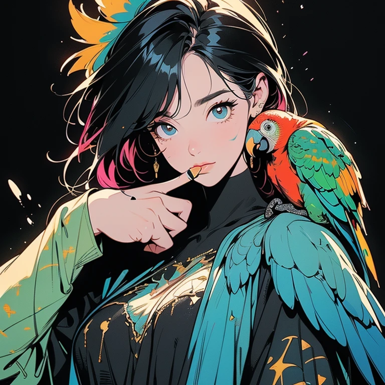 (((Beautiful bird with One Woman))), (((A very large parrot on your shoulder))), wonderful, Very detailedな face and eyes, Dripping Paint, (((Perfect bird))), Complex, wonderful, wonderful, Gold leaf trim, magic, Masterpiece Painting, Very detailedな, Fascinating, Fascinatingな, intense, Scattered Light, Built using the Golden Ratio, Awards, Perfect composition, Ultra HD, 8k, Realistic, Very detailed, One Woman, (((Put your finger to your mouth))),(((Perfect Fingers)),(((Perfect hands)), Black background, (((Splattering colorful paint)))