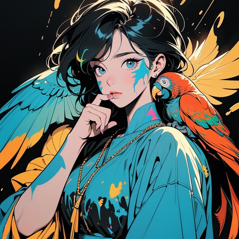 (((Beautiful bird with One Woman))), (((A very large parrot on your shoulder))), wonderful, Very detailedな face and eyes, Dripping Paint, (((Perfect bird))), Complex, wonderful, wonderful, Gold leaf trim, magic, Masterpiece Painting, Very detailedな, Fascinating, Fascinatingな, intense, Scattered Light, Built using the Golden Ratio, Awards, Perfect composition, Ultra HD, 8k, Realistic, Very detailed, One Woman, (((Put your finger to your mouth))),(((Perfect Fingers)),(((Perfect hands)), Black background, (((Splattering colorful paint)))
