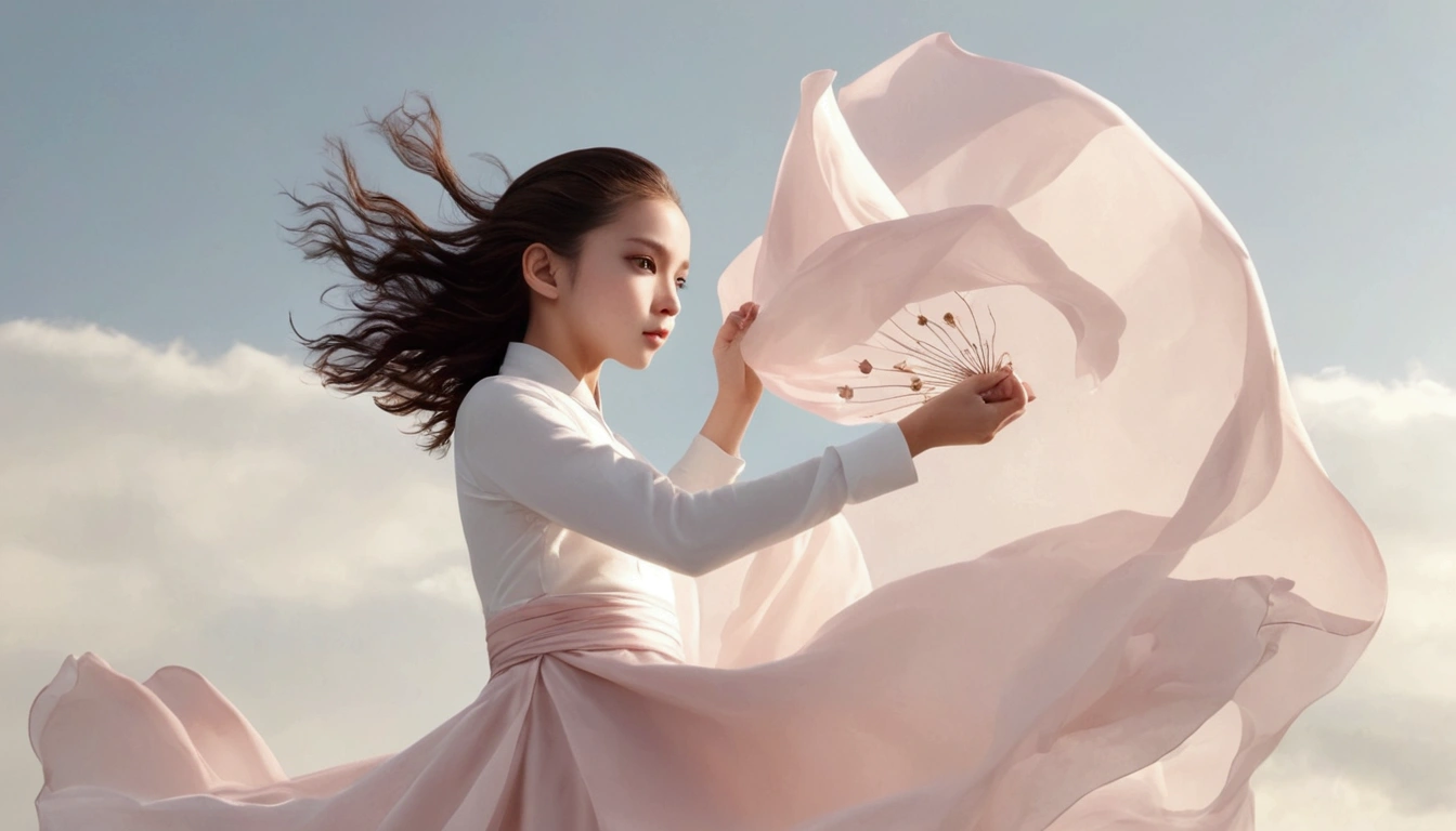 Exquisite dance photography；A ，Solitary；A dancing little girl body像；[Black Eyeball，confidence，High and cold，happy]；[Long skirt elegant style，Long sleeve；Set，Light pink and white gradient，Traditional style，The skirt has no pattern，The hem of the long skirt is like petals covering the background,Petal pattern，The background is petals and skirt,]；[Chinese dance]，[[[whole body，Panorama 1.1]]]，front；Composition：The character is on the right side of the screen；Long hair in the wind,advanced sense,Fashion, Still photography, Loop video, Fascinating movement, captivating visuals, Seamless integration, Compelling storytelling, Vortex phenomenon, Angled form, Dynamic Movement, Bold Geometric Shapes, Fragment shape, sharp contrast, Influence of modernism, nature, , modern Art, Astonishing, Unreal Background, Art from (Alessio Albi:1.1), Soft lighting, happy emotion，Extremely detailed,The most beautiful form of chaos, elegant； Simple style；Minimalism。Panoramic photography；Depth of Field, Extraordinary details, masterpiece, high quality, 4K，cinematic lighting, motion blur, depth of field, sparkle, ray tracing, reflection light, anatomically correct, uhd, textured skin, best quality, super detail, highres, high details, accurate, high quality, award winning