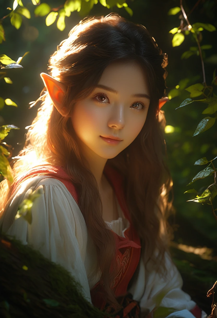 close up,Look at the camera,The whole two,Tyndall effect,Tyndall Lighting Enhancement,Tyndall effect加强,Cute elf girl sitting in the dense forest,Beautiful and delicate face,Sunlight shines through the branches,Cast a shadow on her face,Intense light and dark,Tyndall effect,Tyndall Lighting Enhancement,Tyndall effect加强,Realistic lighting rendering,realistic raytracing,Realistic light reflections