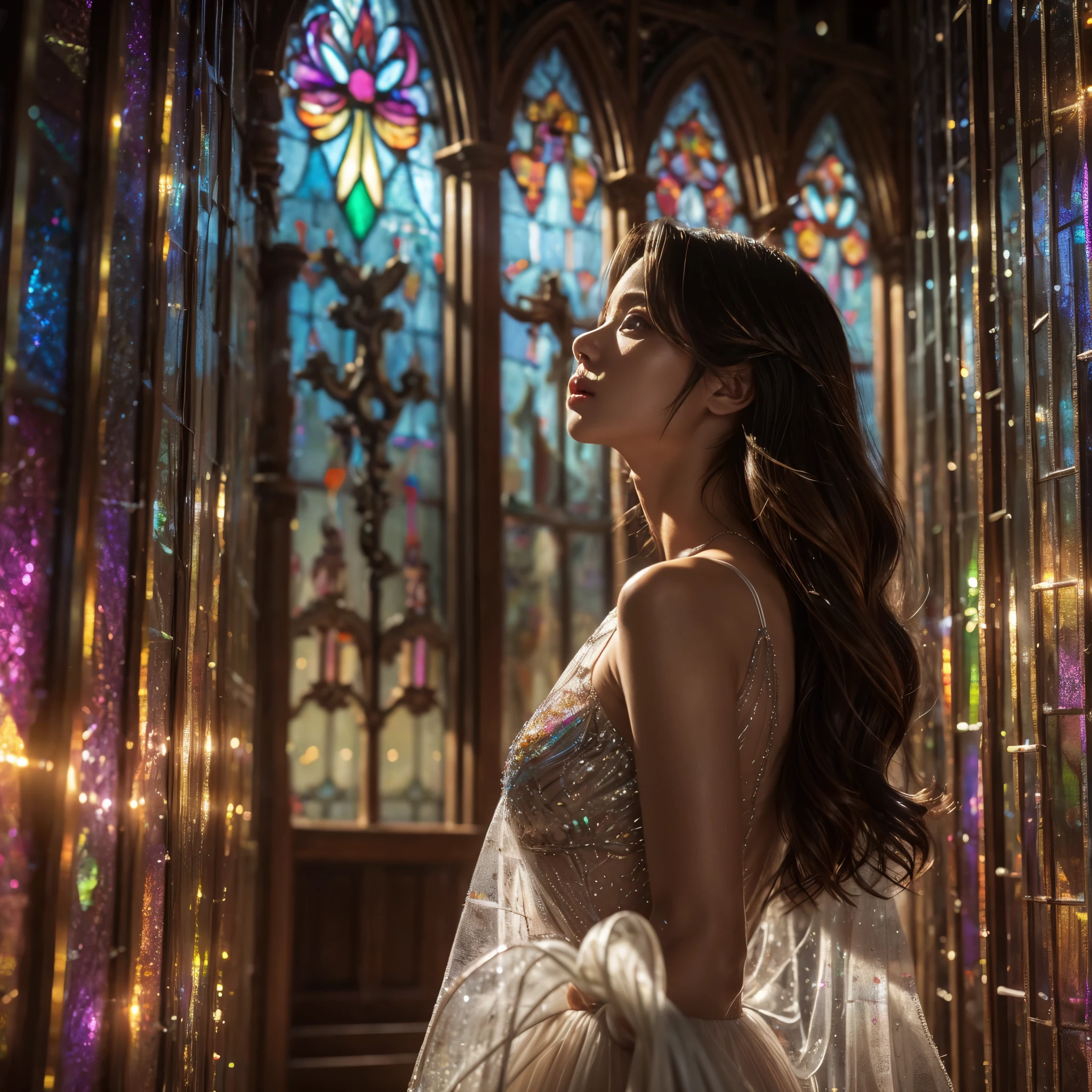 (Cathedral from below:1.28) (ZoomLayer) TopQuality 8K masterpiece of ((Professional photo)), (((Clarisse de Cagliostro))) (Detailed White WeddingDresses), Chain, (((Extremely detailed KAWAII face))) {((VeiledFace))|BlondeHair|(Elaborate BuleEyes)with(SparklingHighlights:1.28)}, The background is distant (((Elaborate stained glass))) Rainbow Glass, {(MysticSight)|EnchantingAtmosphere|Haze|(GodRays)|TyndallEffect}, Radiant PearlSkin with Transparency, (Exposed:0.39)