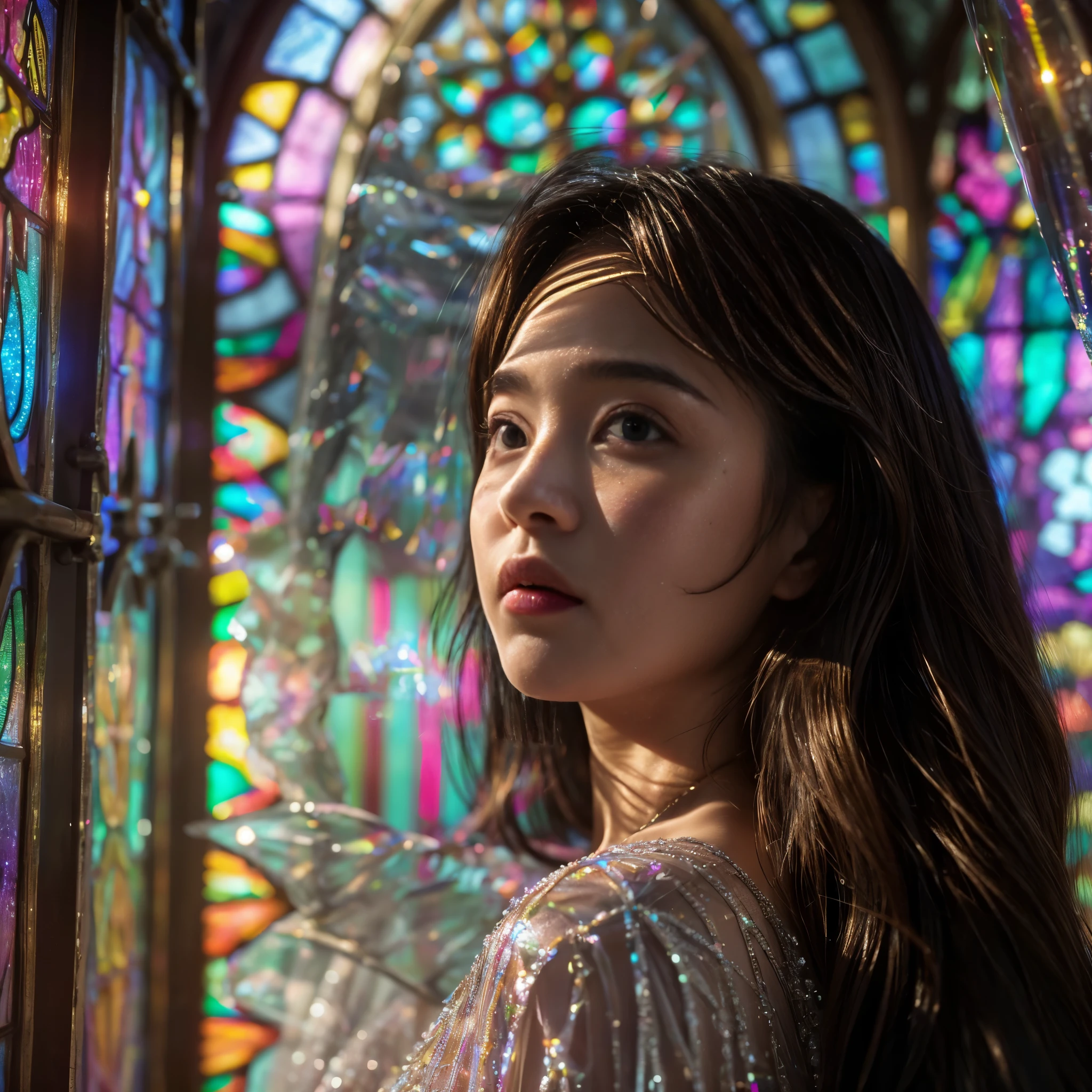 (Cathedral from below:1.28) (ZoomLayer) TopQuality 8K masterpiece of ((Professional photo)), (((Clarisse de Cagliostro))) (Detailed White WeddingDresses), Chain, (((Extremely detailed KAWAII face))) {((VeiledFace))|BlondeHair|(Elaborate BuleEyes)with(SparklingHighlights:1.28)}, The background is distant (((Elaborate stained glass))) Rainbow Glass, {(MysticSight)|EnchantingAtmosphere|Haze|(GodRays)|TyndallEffect}, Radiant PearlSkin with Transparency, (Exposed:0.39)