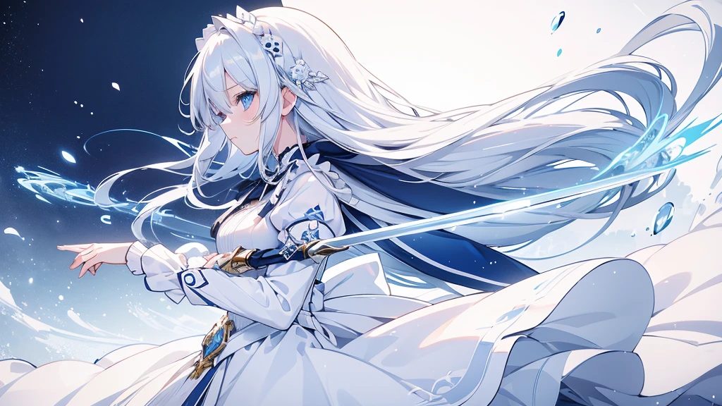 (Highest quality) (4K) (8k) (High resolution) (masterpiece:1.2) (Super detailed) One girl Long Hair Blue Eyes Long sleeve Hair between the eyes White Dress Wavy white hair (White Background) (profile) Young Serious Ready your sword Blue maid outfit