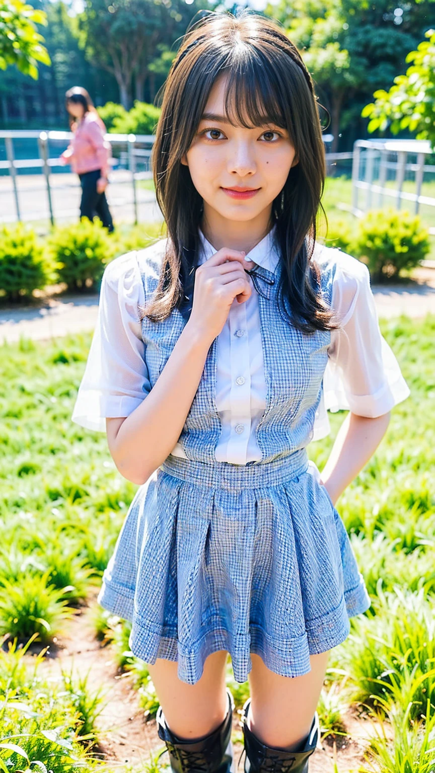 (8k、RAW Photos、Highest quality、masterpiece:1.2)、(Realistic、Realistic)、1 Girl、((See-through、Idol Costume、Exposed Skin、ribbon、Light blue and black checked mini skirt、Frilledium Hair、smile、whole body、boots、garden、View from the front、Looking at the camera、Hands on your hips))、cute