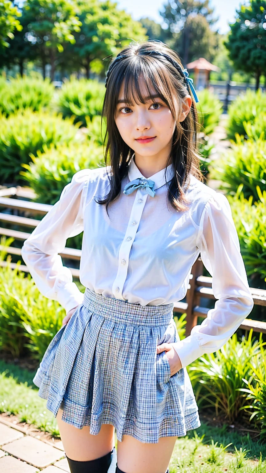 (8k、RAW Photos、Highest quality、masterpiece:1.2)、(Realistic、Realistic)、1 Girl、((See-through、Idol Costume、Exposed Skin、ribbon、Light blue and black checked mini skirt、Frilledium Hair、smile、whole body、boots、garden、View from the front、Looking at the camera、Hands on your hips))、cute
