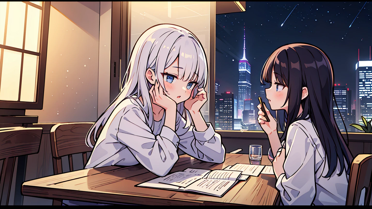 (masterpiece, best quality),2 women, different hair colors, different faces,letterboxed, perfection of fashion,chapped lips, royal dress,upper body, from the side,Royal inner bedroom,Studying,Royal table,A night view outside the window,laptop,Well-organized table,Luxurious interior,Draw with precision
