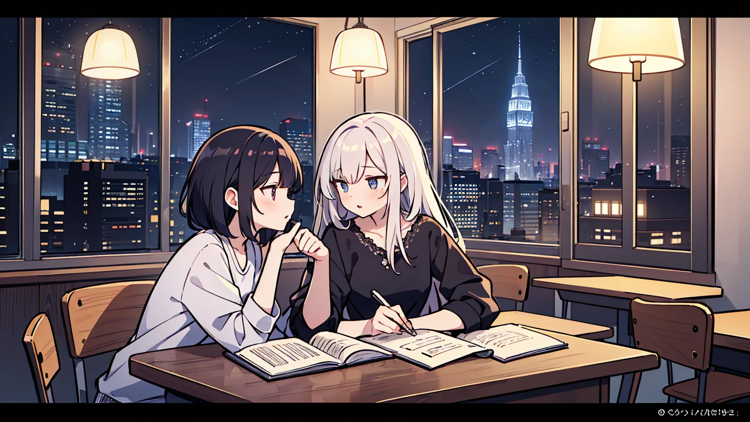 (masterpiece, best quality),2 women, different hair colors, different faces,letterboxed, perfection of fashion,chapped lips, casual attire, upper body, from the side,Skyscraper terrace with a busy city night view,ceramic white table,Teaching how to study, eyes look at the note, together, stylish outfit,
