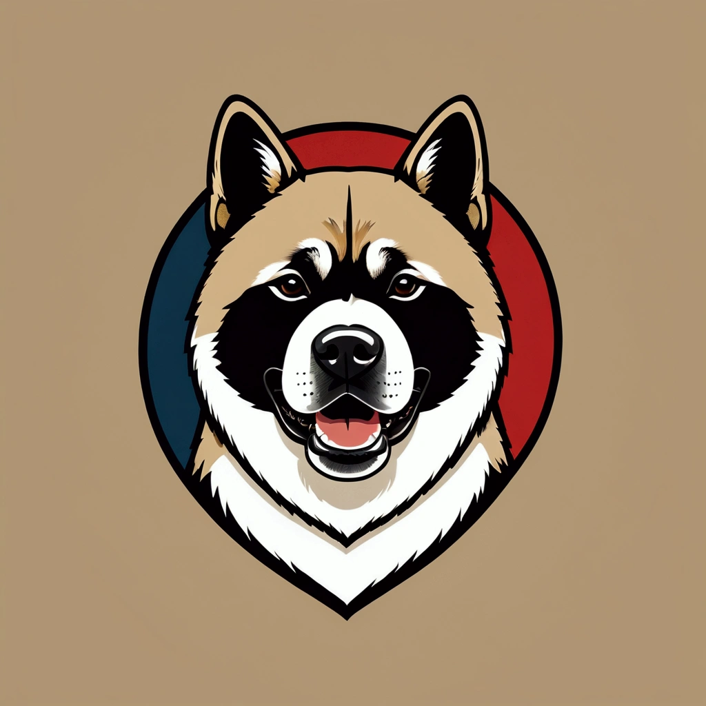 American Akita – a beauty with plush fur and a characteristic dark mask. The breed combines courage, friendliness,  funky, retro, multicoloured,  vintage logo, American Akita dog,athletic sports logo,energetic dynamic pose vintage logo, American Akita dog,athletic logo,energetic dynamic pose, American Akita – a beauty with plush fur and a characteristic dark mask.